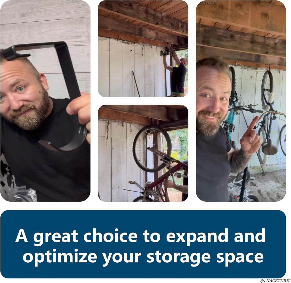 Bike Hooks for Garage Ceiling Mount Rack – Heavy Duty 4X8 Overhead Garage Storage Rack for Ceiling Hanging Bicycle Shelves, Add on Storage Flat Hooks Accessory and Wall Hanger (Flat Hook 8 Pack)