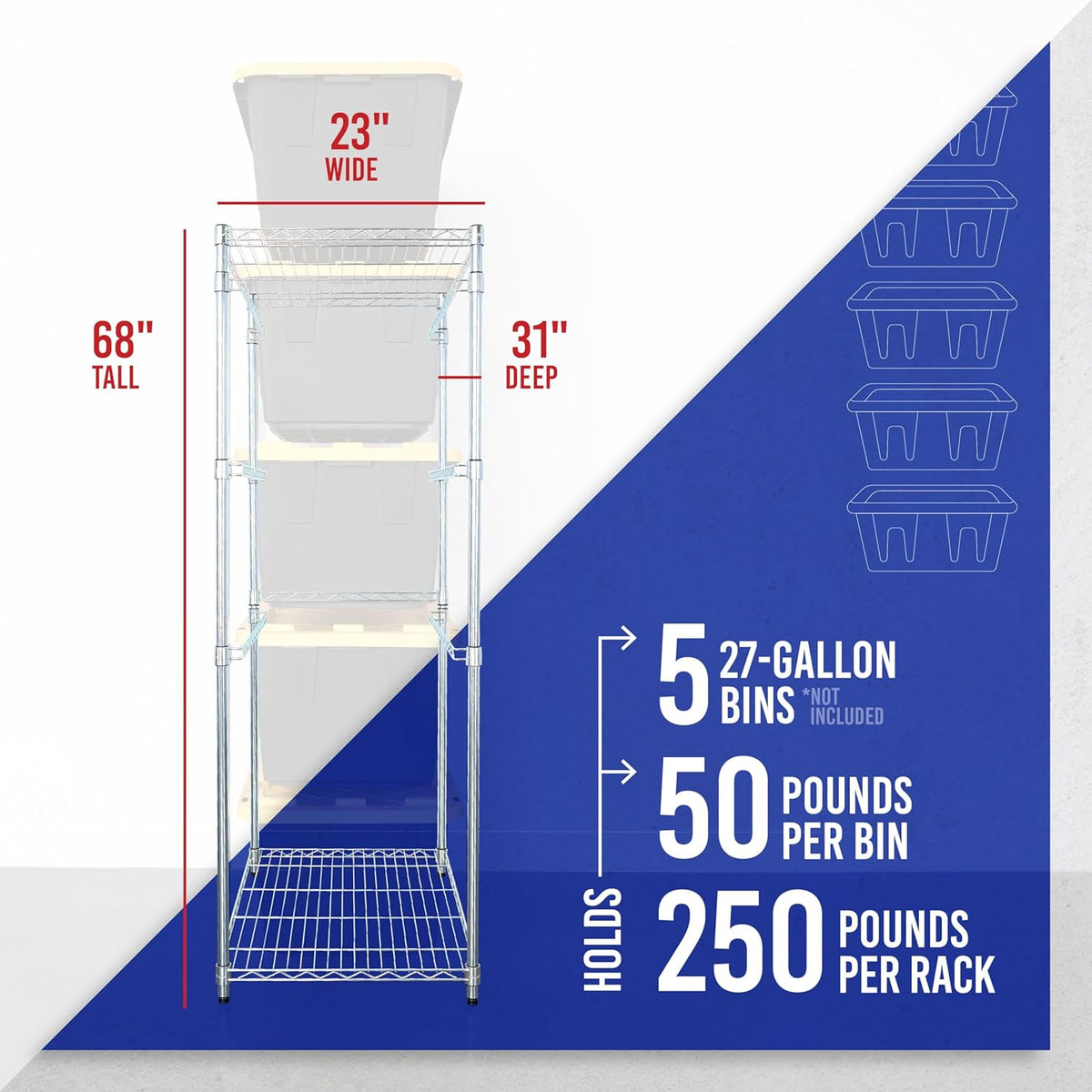 SafeRacks 5-Tier Steel Tote Rack WS-BR27 - Maximize Space, Declutter, NSF Certified, Bin Storage for Garage, Pantry, Kitchen, 31" x 23" x 68" (Silver, 1 Pack)