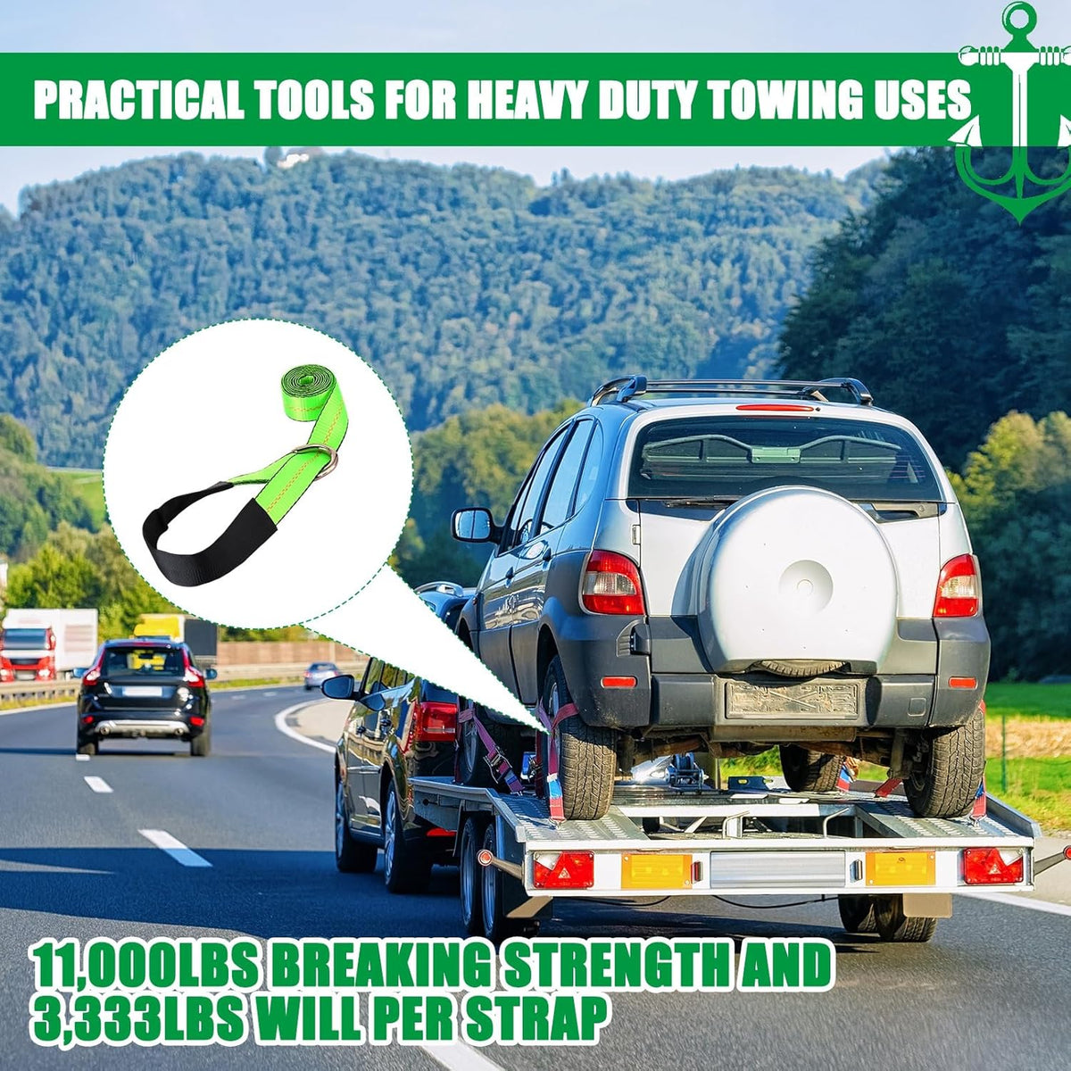 8 Pack 2" X 8ft Tow Truck Straps Lasso Wheel Lift Straps Lasso Tow Strap with D Ring 11, 000 Lbs Break Strength Auto Tie Down Auto Hauler for Trailer Truck Tie(Green)