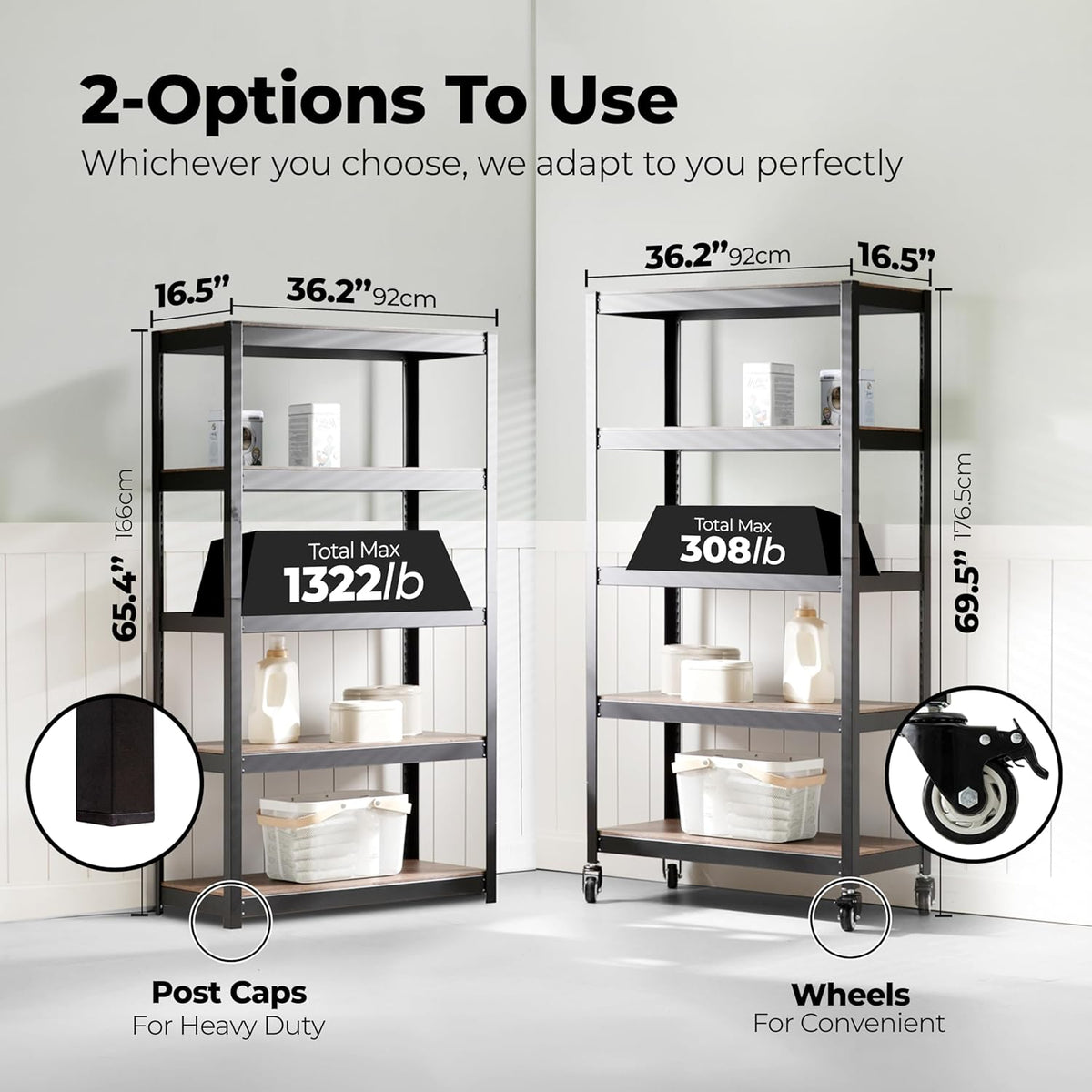 HOMEDANT House 5-Tier Metal Rolling Cart Shelf Rack Casters Heavy Duty Laminated Wheel Shelving Unit Adjustable Utility Storage Shelves Organizer Shelf Kitchen Garage 36.2" W x 16.5" D x 69.5" H 1Pack