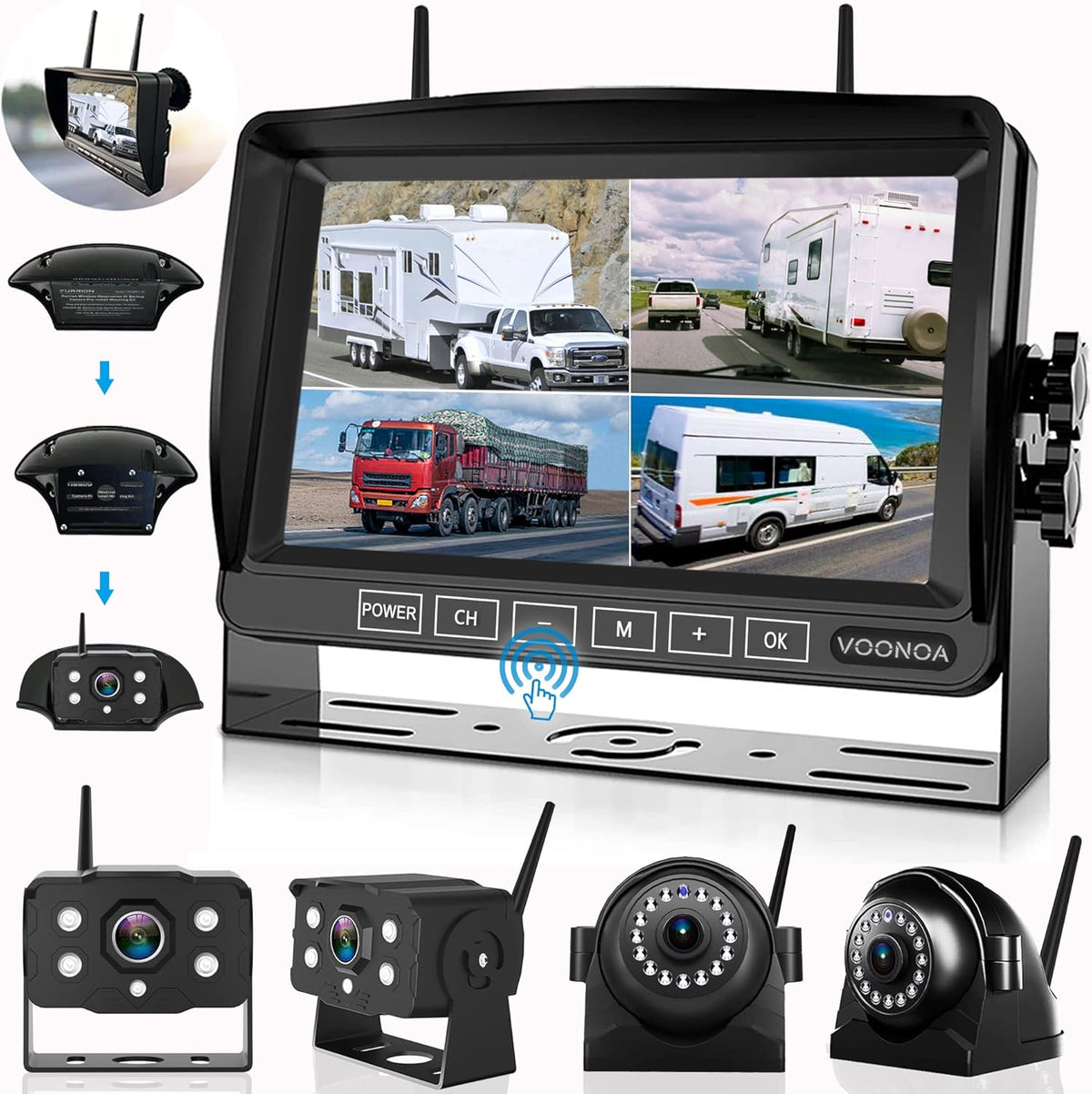 1080P Wireless RV Camera System, IP69 Waterproof Night Vision Backup Camera Side Rear View Camera with 7 Inch HD Monitor for RV Truck Trailer Camper