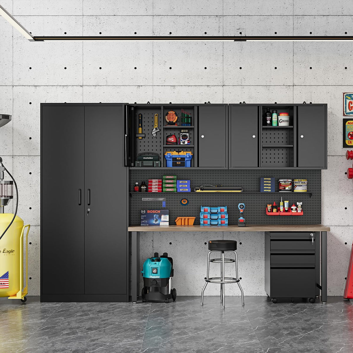 Metal Wall Cabinets for Storage with Locking Doors Adjustable Shelf Pegboard and Hooks, Metal Garage Wall Cabinet, Floating Upper Storage Cabinet