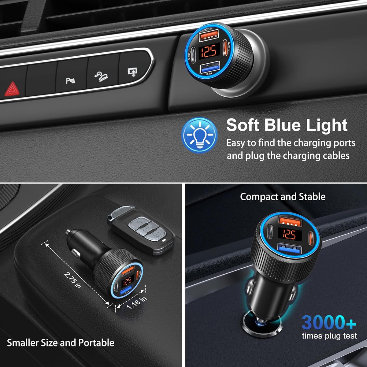 USB C Car Charger, Costyle 65W Dual USB-C & USB-A Multi Port Cigarette Lighter Adapter with Voltmeter QC/PD 3.0 Fast Charging 12V Car Phone Charger for iPhone 16 15 14 13 12 11 Pro Max Samsung(Black)