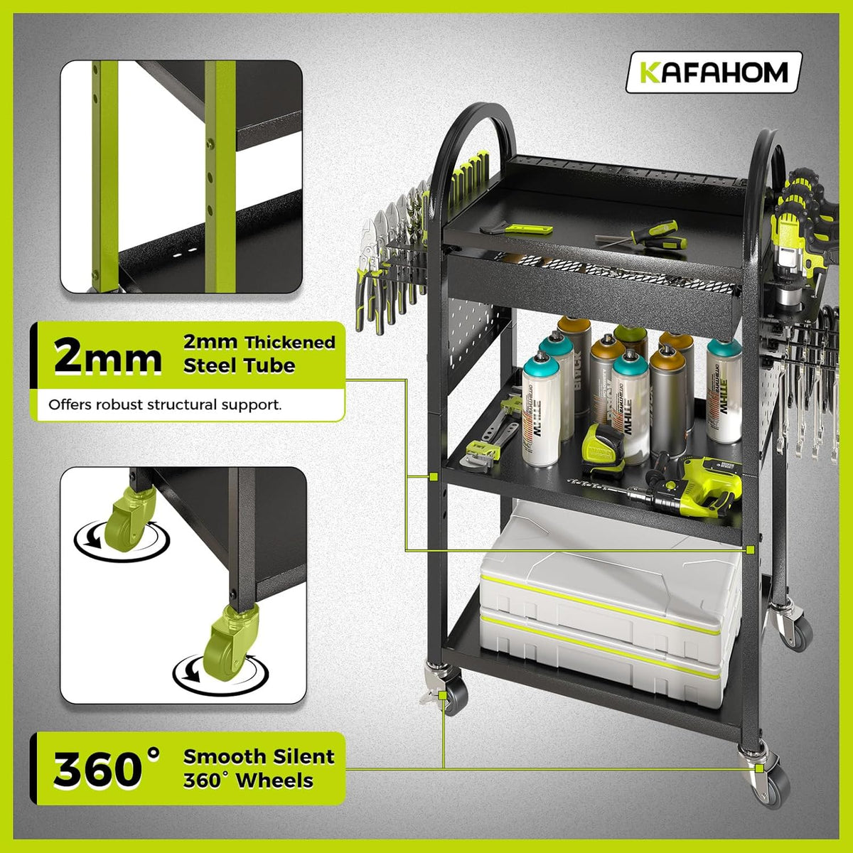 KAFAHOM Power Tool Cart with Charging Station, Rolling Cart with Drawer, Heavy Duty Power Tool Organizer with 360 Silent Wheels, Storage for Garage, Warehouse & Repair Shop