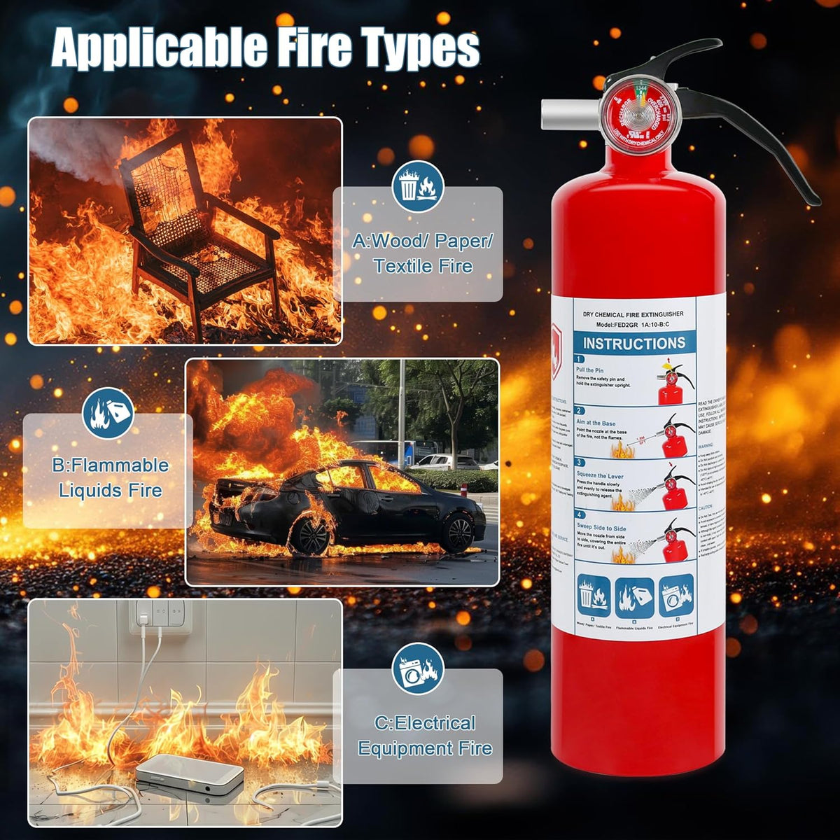 2 Pack ABC Dry Chemical Fire Extinguishers, 2.5 lb 1A:10B:C Rating for Home, Car, Boat, Quick Release Handle, Compact & Portable Dry Powder extinguisher