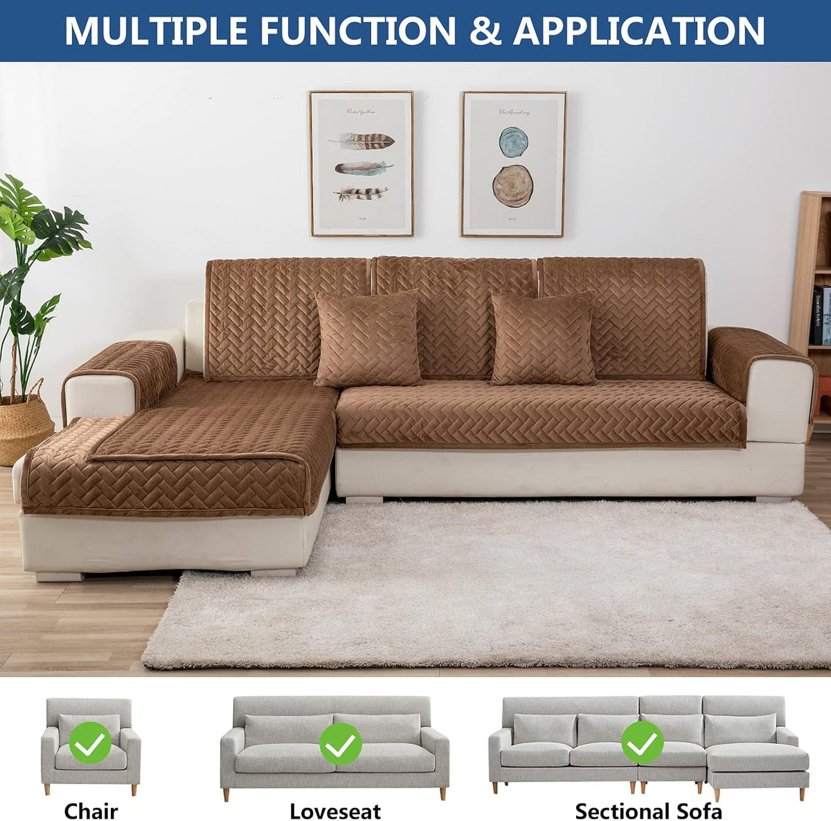Eismodra Couch Cover,Sectional Couch Covers,Sofa Covers for 3 Cushion Couch,Anti-Slip Sofa Slipcovers for Dogs Cats Kids Loveseat Recliner L Shaped Armrest Backrest,Brown 43''x63''(Only 1 Piece)