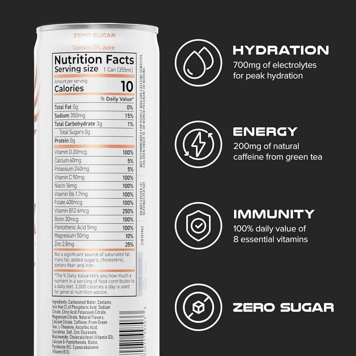 PHX Hydration Energy Drink - 700mg Electrolytes, 200mg Natural Green Tea Caffeine, 100% Daily Value 8 Essential Vitamins - 12 oz Cans (12 Pack) (12 Pack, Peach)