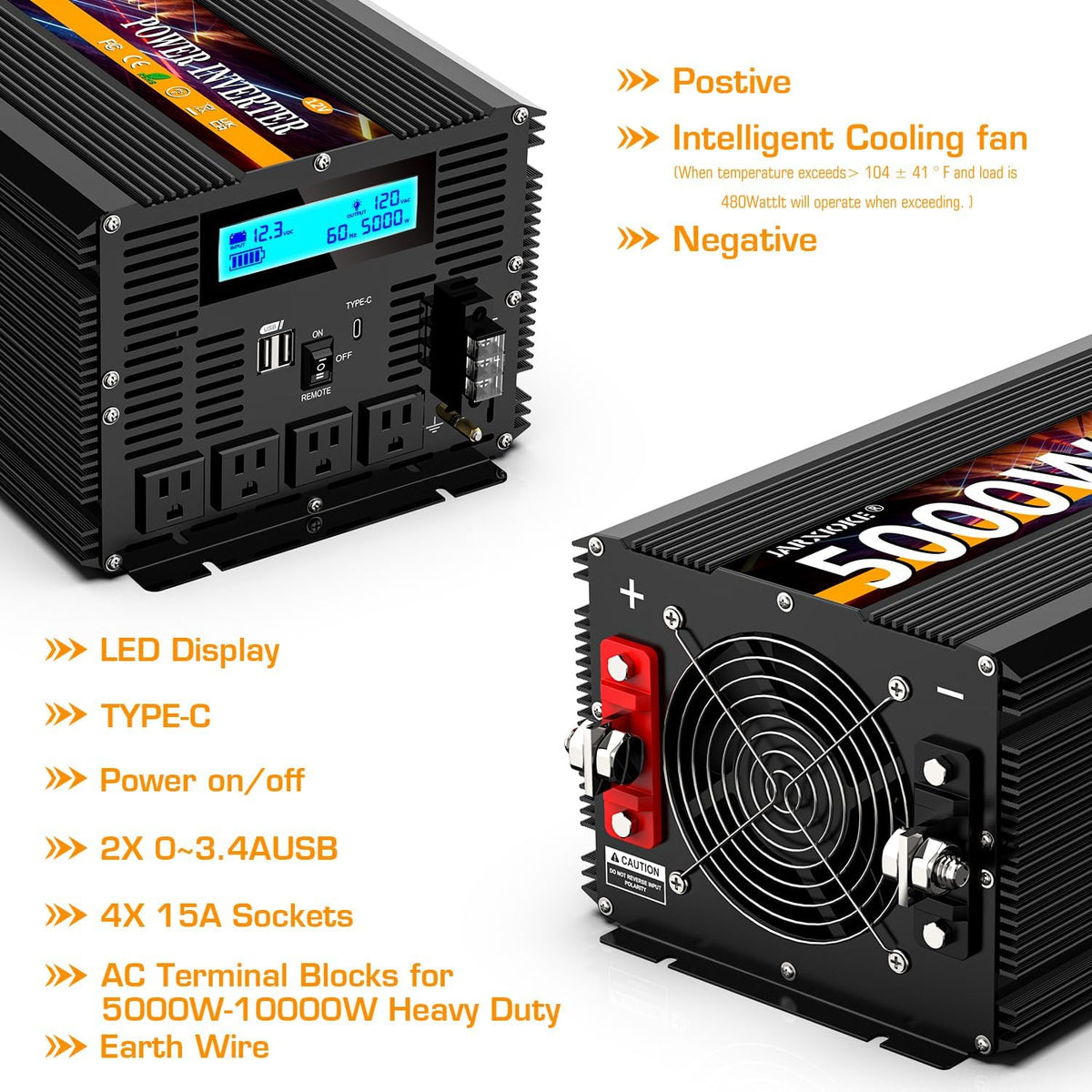 5000 Watt Power Inverter 12V DC to 110V 120V Converter for Family RV Off Grid Solar System Car with Type-C Ports 3 AC Power Outlets Dual USB Ports LCD Display Wireless Remote Control