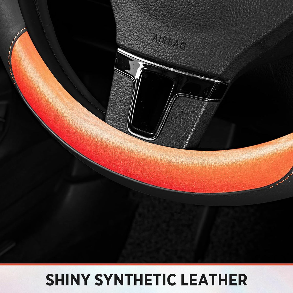 Road Comforts Steering Wheel Cover – Breathable Leather Steering Wheel Cover, Anti-Slip Grip, Universal Fit 14.5” to 15”, Heat & Cold Resistant for Cars, SUVs, and Trucks – Black & Orange