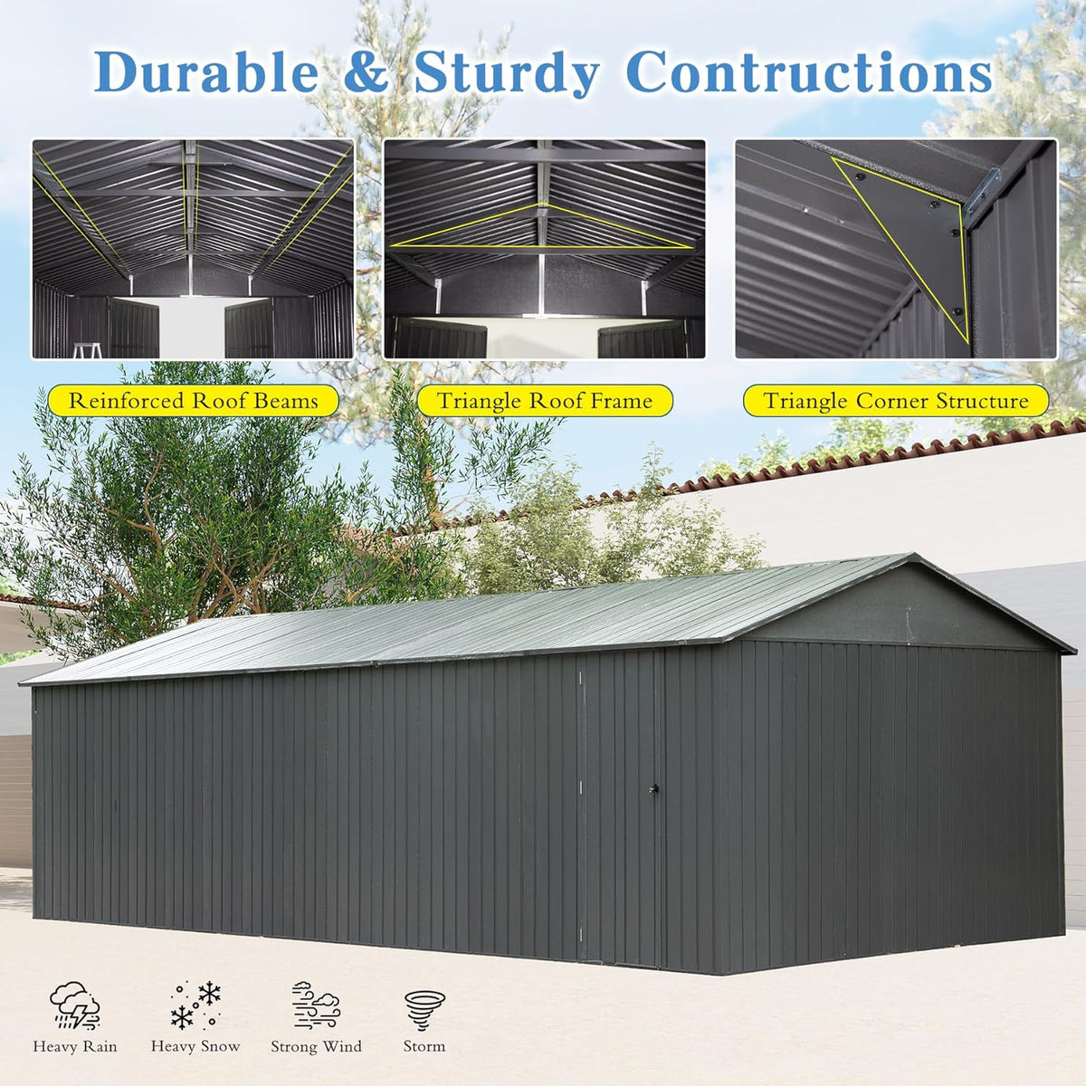 Domi 12x20FT Outdoor Garage Metal Shed, Extra Large Carport with Skylights & Dual-Entry, Backyard Storage Shed for Car, Truck, Lawn Mower and Tool, Dark Grey