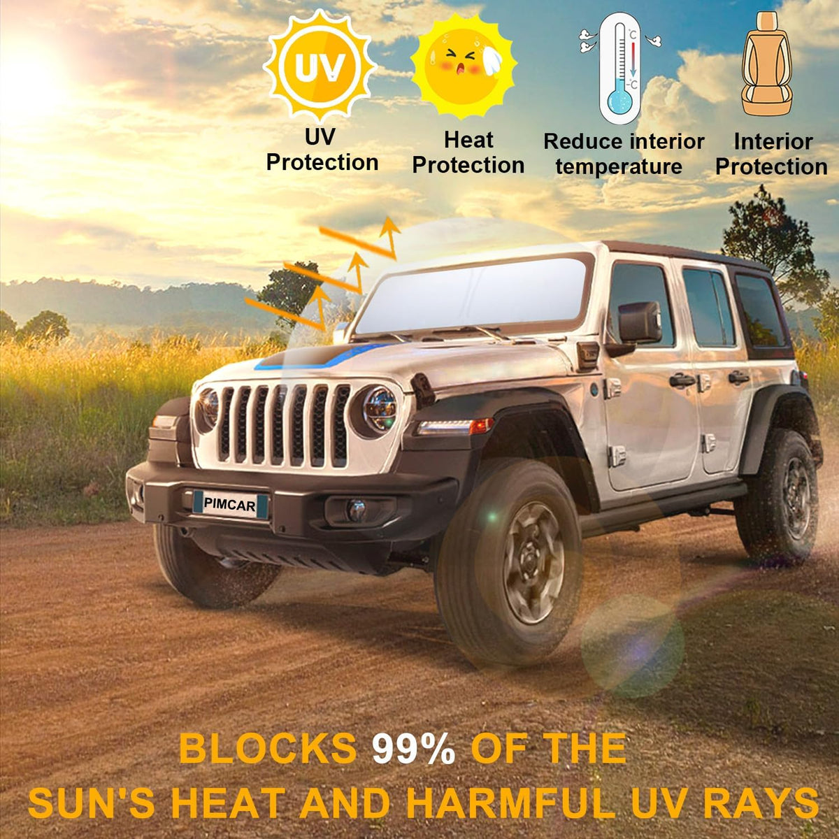 Premium Windshield Sun Shade for 2018-2025 Jeep Wrangler JL JLU & 2020-2025 Jeep Gladiator, Reflective 310T Material Front Window Sun Visor Blocks UV Rays Foldable Sunshade with Storage Pouch
