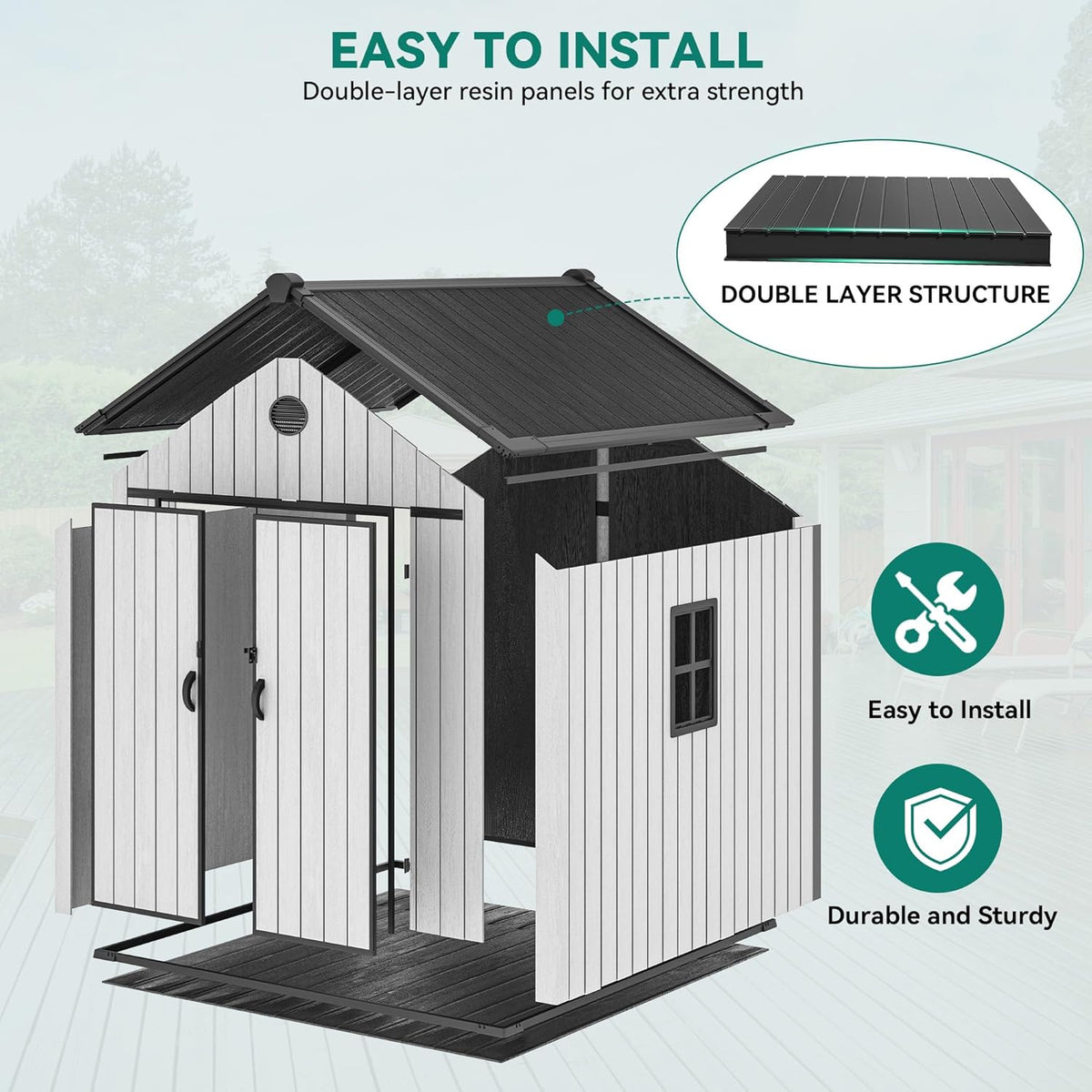 YITAHOME Large Resin Shed with Floor, Windows & Vents, 7.3 x 7.3 ft Weatherproof Tool Storage, Outdoor Storage Shed for Patio, Lawn Mower, and Bike, Gray