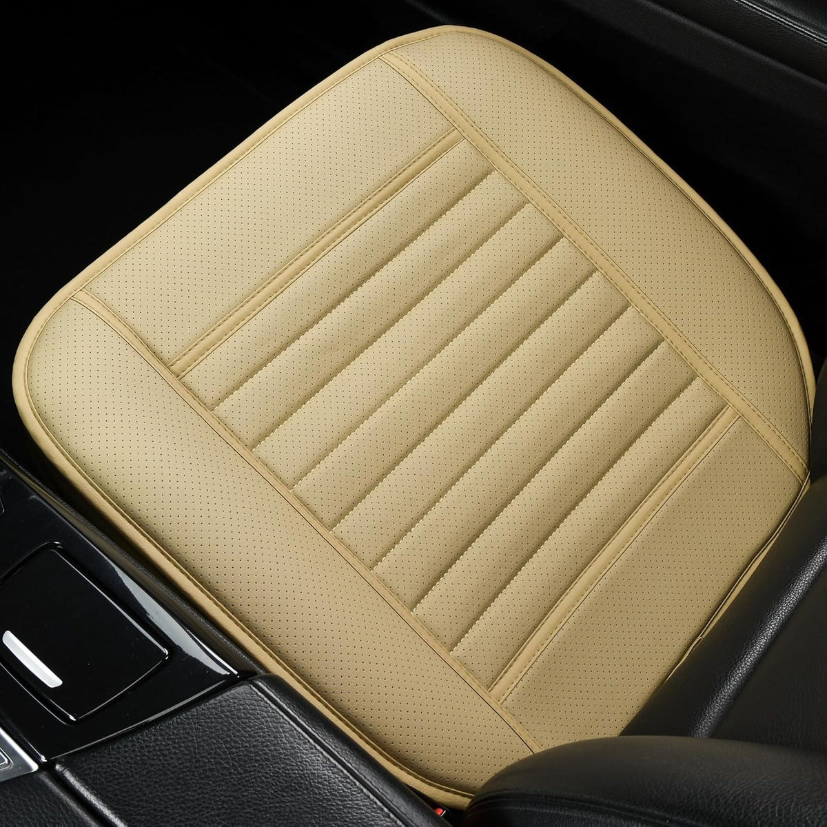 1pc Edge Wrapping Comfortable Car Front Seat Cover Cushion Pad Mat Protector, Anti-Slip Bottom Seat Cushion Cover for Auto with PU Leather(Beige)