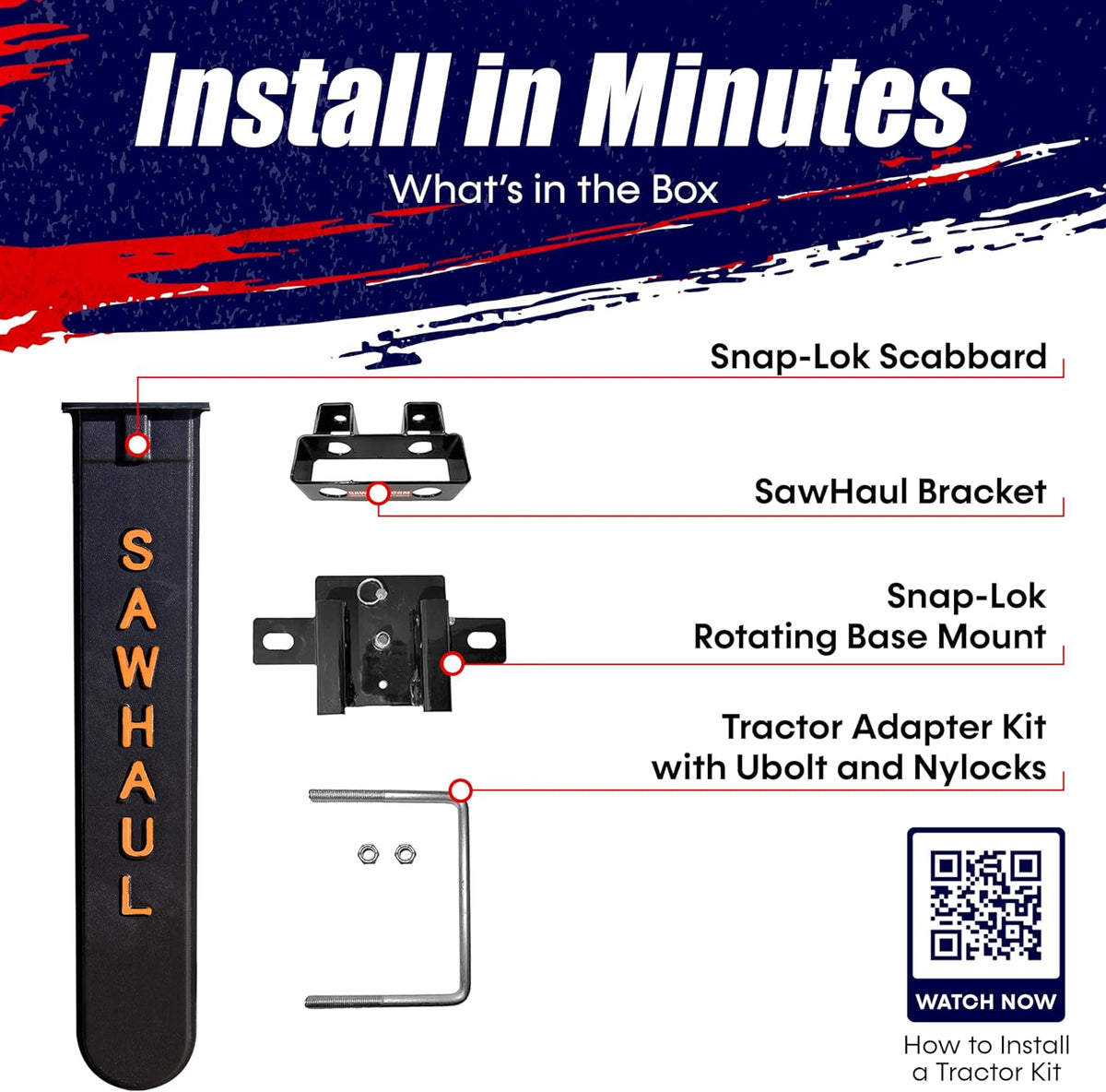 SawHaul Snap-Lok Universal Chainsaw Carrier Kit for Tractors and Skid Steers – 28 Inch Orange Scabbard with Rotating Mount – Compatible with All Chainsaw Brands – Made in USA