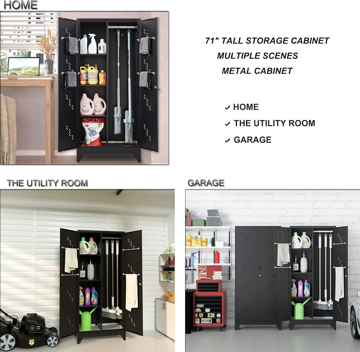 Metal Garage Storage Cabinet,Storage with Doors and Shelves, 71" Tall Garage Cabinet,Home Office with Lock Doors (H71* D16.53*L31.5in)