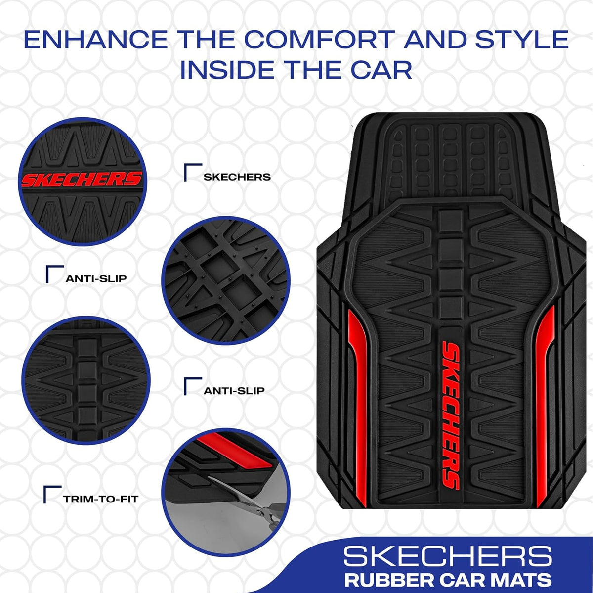 Skechers Car Floor Mats,Heavy Duty Rubber Car Mats Full Set,All Weather Floor Mats,Waterproof Trim to Fit Universal Floor Liner Car Accessories,Automotive Floor Mats for Cars Trucks SUV,Red