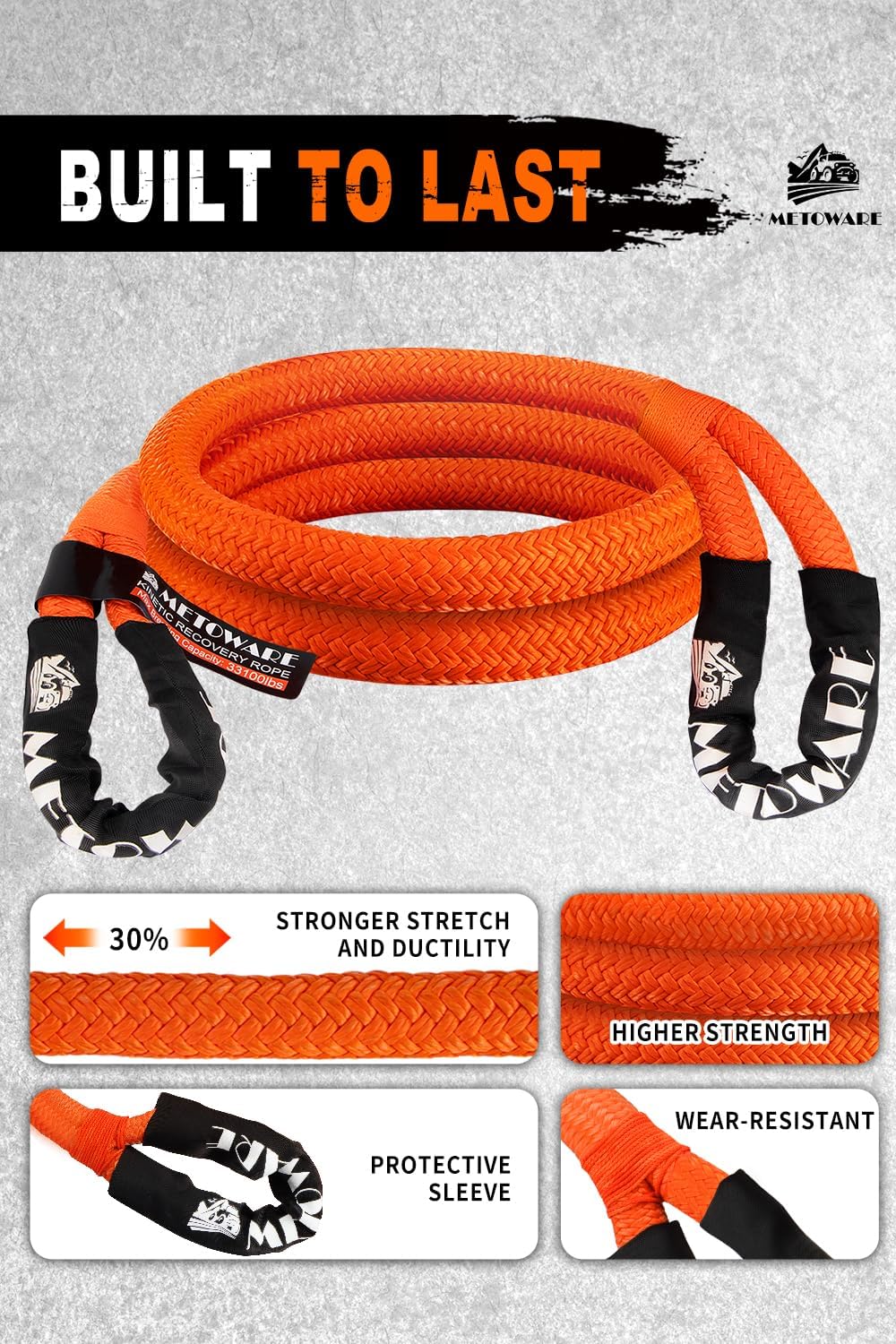METOWARE Recovery Kit, Kinetic Recovery Rope (1'' x 10ft + 1'' x 20ft) 35,000 LBS with 1/2inch x 22 Inch Soft Shackles, Tow Rope Recovery Kit for UTV, ATV, Truck, Car