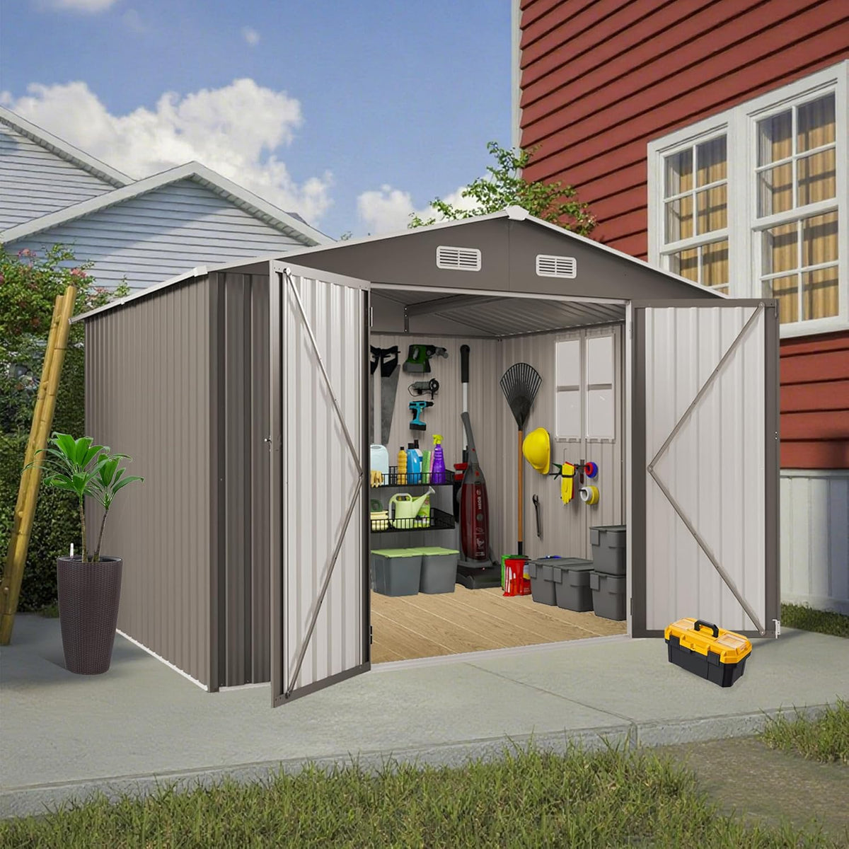 10x8 FT Outdoor Storage Shed,Metal Shed W/Window,Garden Storage Shed W/Lockable Door,All Weather Waterproof Tool House W/ 4 Air Vents & Sloped Roof,for Backyard,Patio,Lawn,Gray