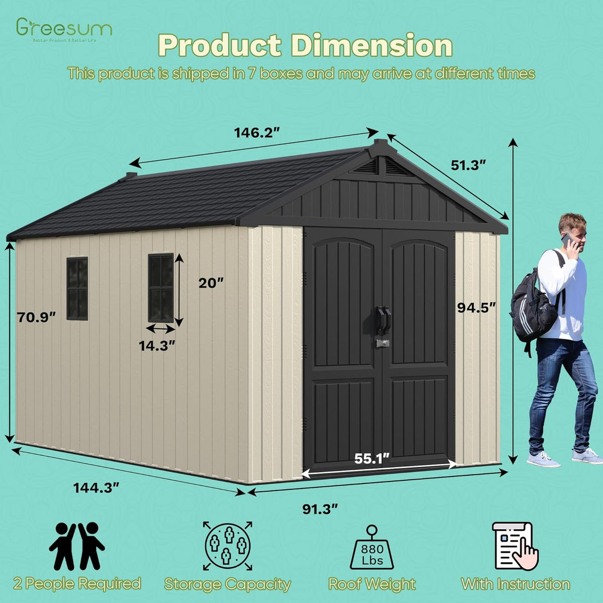 Greesum 8×12 FT Plastic Outdoor Storage Shed with Floor, Resin Sheds with Window and Lockable Door, Weather Resistant Organization for Garden, Lawn, Pool Supplies, Beige