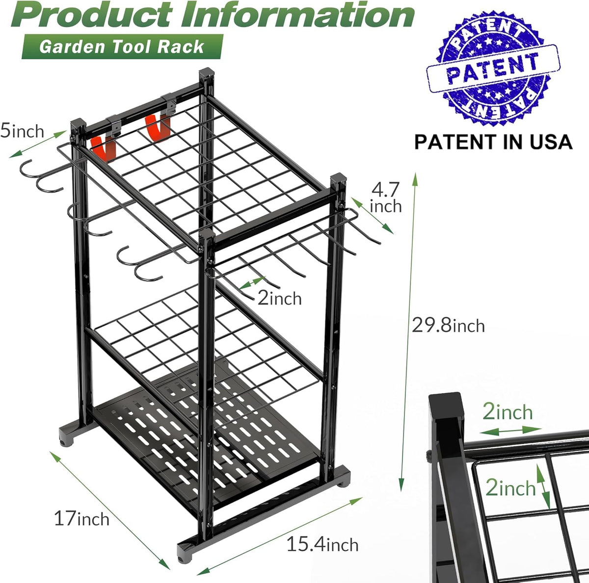 Garden Tool Organizer Rack Up to 50 Tools, Heavy-Duty Steel Yard Tool Organizer for Garage Storage with 11 Hooks, Broom Holder & Garden Tool Rack for Shed, Patio, Outdoor Use, Black