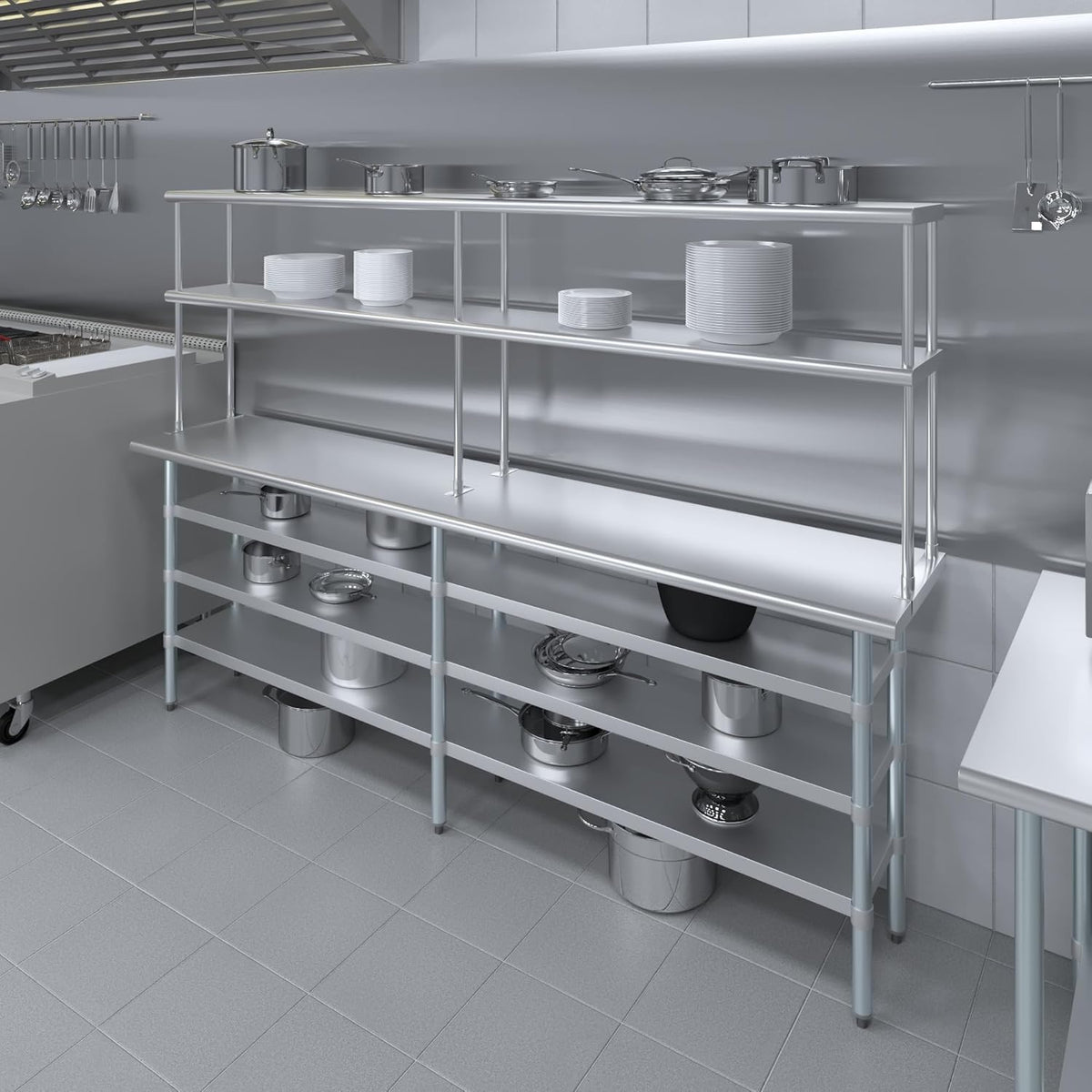 Amgood 18" x 96" Stainless Steel Work Table with 3 Shelves and 12" Wide Double Tier Overshelf | Metal Kitchen Prep Table & Shelving Combo | NSF