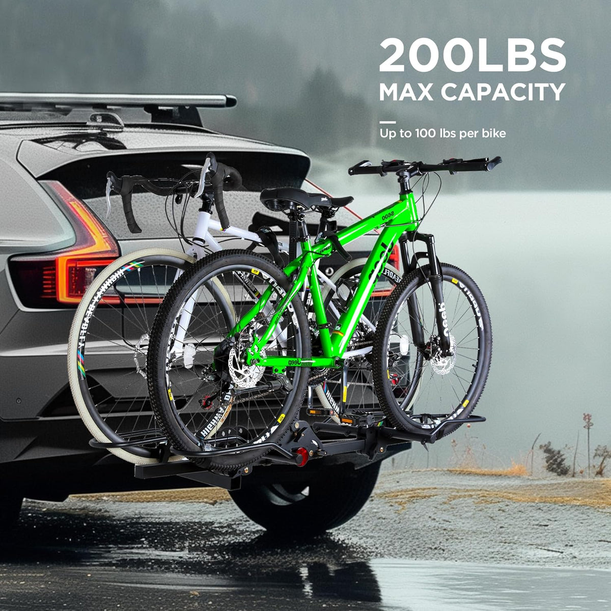 Young 200 lbs. Capacity Hitch Mounted 2-Bike Rack with Lock for Standard, Mountain, Fat Tire Bikes, fit Car, SUV, Van, RV, Trailer, Truck，Fits up to 5" Fat Tire Width and 50" Wheelbase，for 2" Receiver