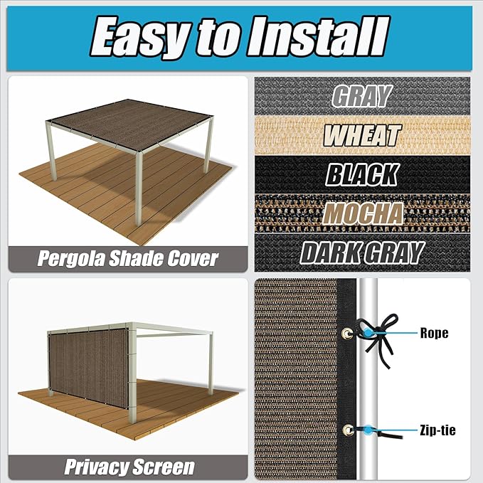 Amagenix 90% Shade Fabric 11'X 19' Mocha Sun Shade Cloth with Grommets for Pergola Replacement Shade Cover Canopy, Heavy Duty, Cable Zip Ties Included (We Customized)