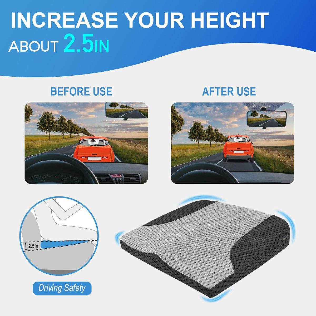 Car Seat Cushion, Comfortable Memory Foam Seat Pillow for Driving, Sciatica-Back Pain Relief, Cushion for Car-Truck, Office, Wheelchair - Mesh Black&Gray