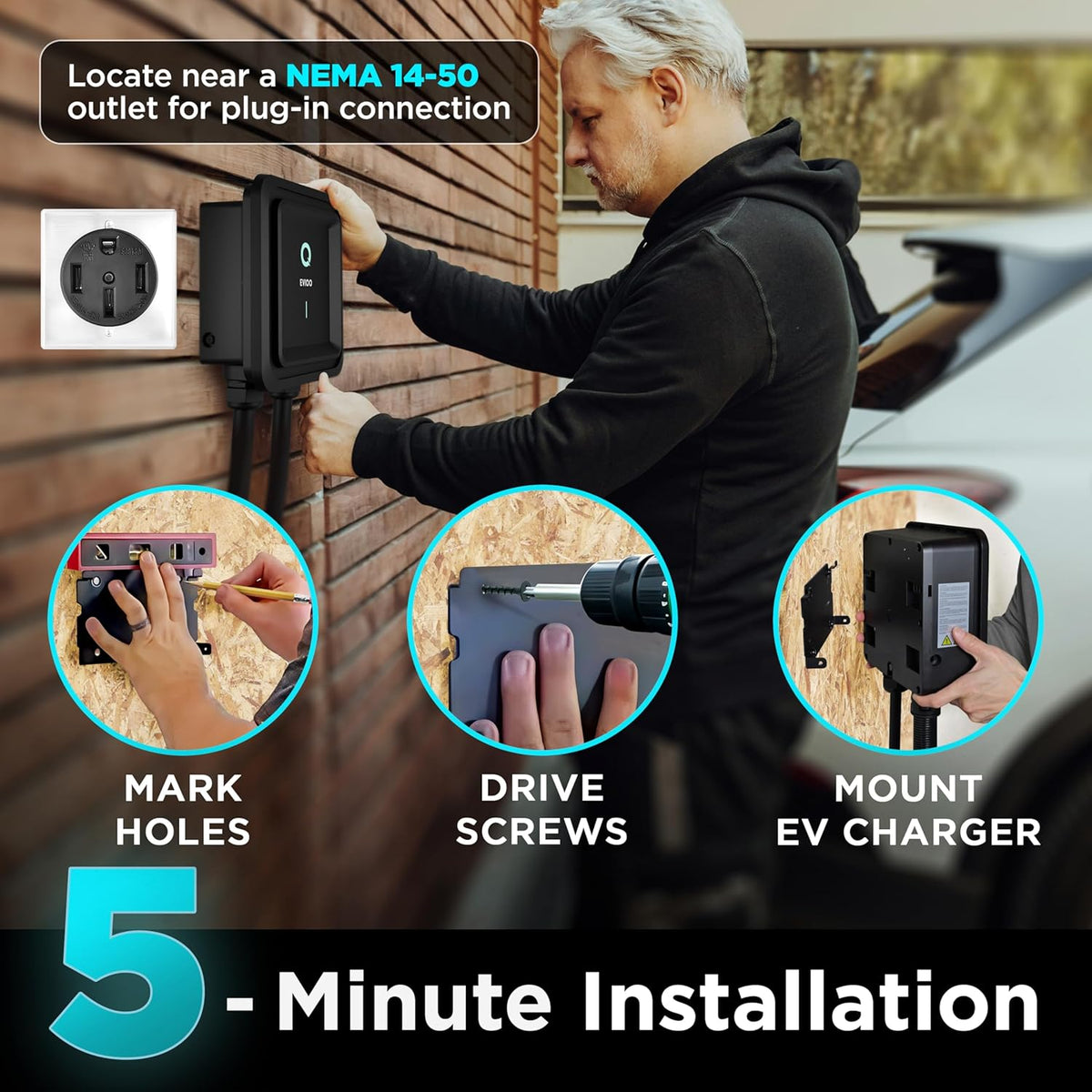 EVIQO Level 2 EV Charger – 48 Amp (11.5 kW) 240V – Wall EV Charger Level 2, NEMA 14-50 Plug/Hardwired, J1772 25' Cable, Enhanced Wi-Fi – UL, Energy Star, ETL Certified EVSE, Car Charging Station GEN 2