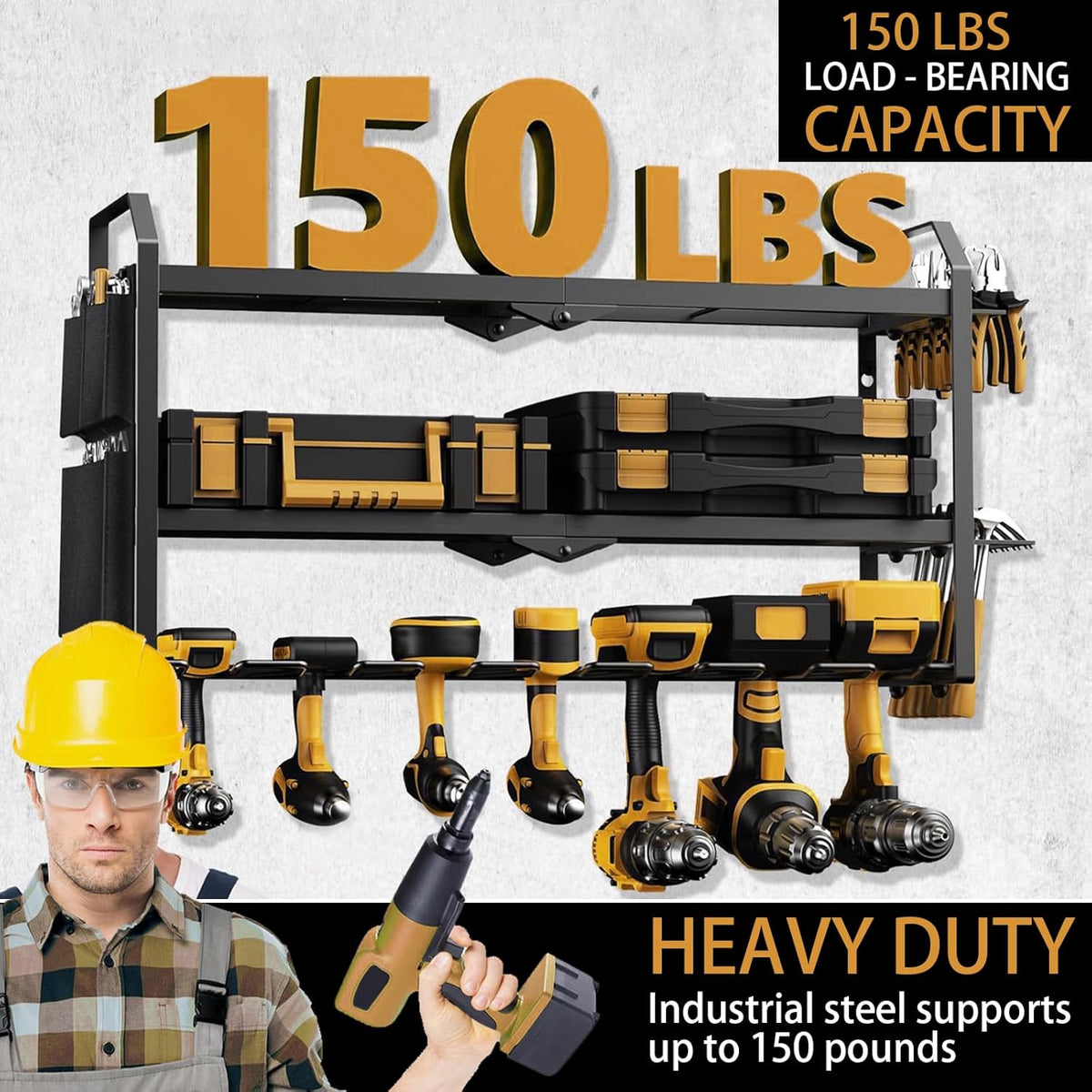 Power Tool Organizer with Charging Station: 7 Cordless Drills Holder Wall Mount Power Tool Shelf Storage Systems with 4 Outlet Power Strip, Electric Tool Storage Rack for Garage Organization/Workshop