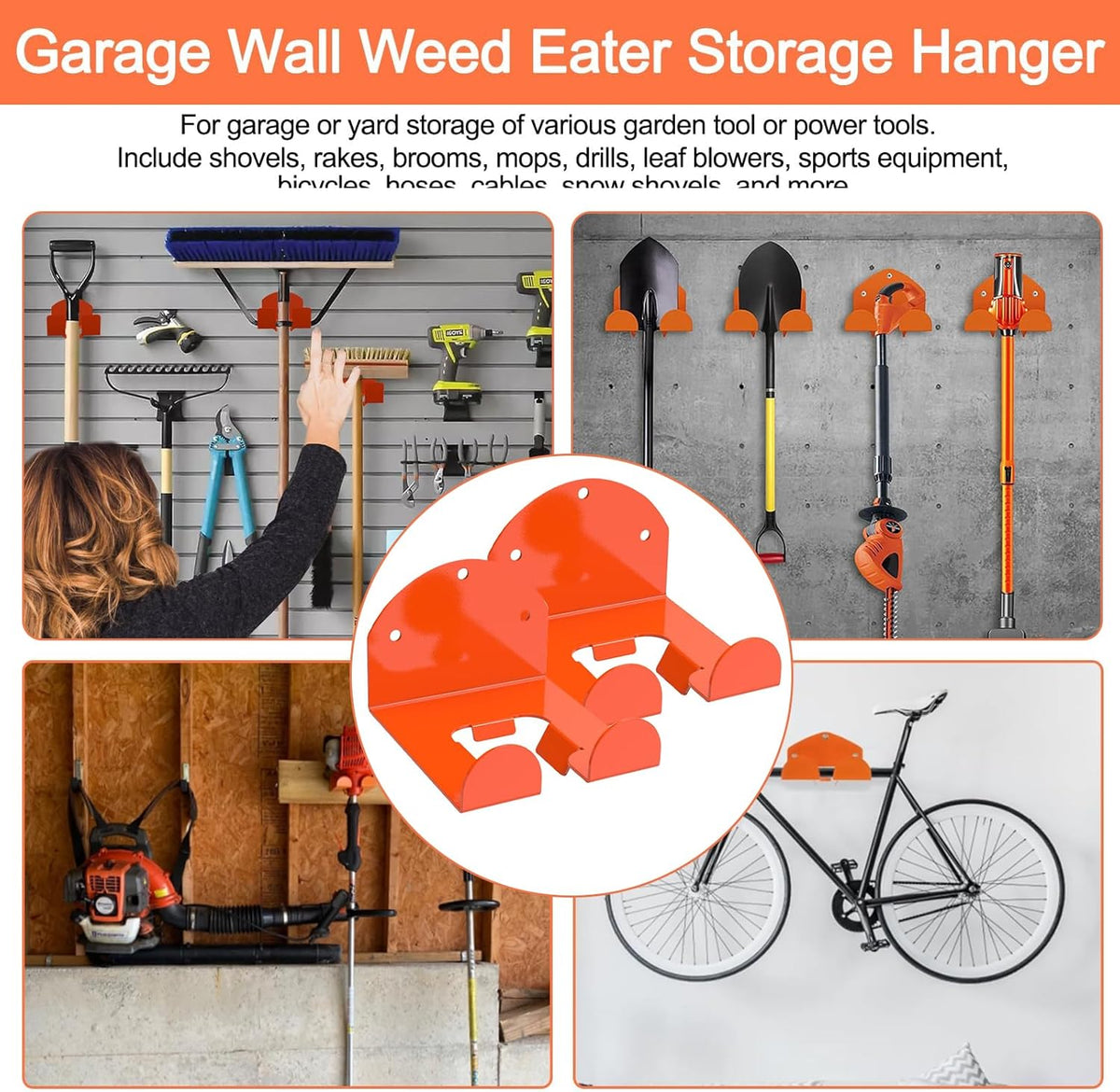 2 Pack Garage Organizer Trimmer Rack, Heavy-Duty Wall Mount Hanger for Grass Trimmer, Weed Eater & Power Tools