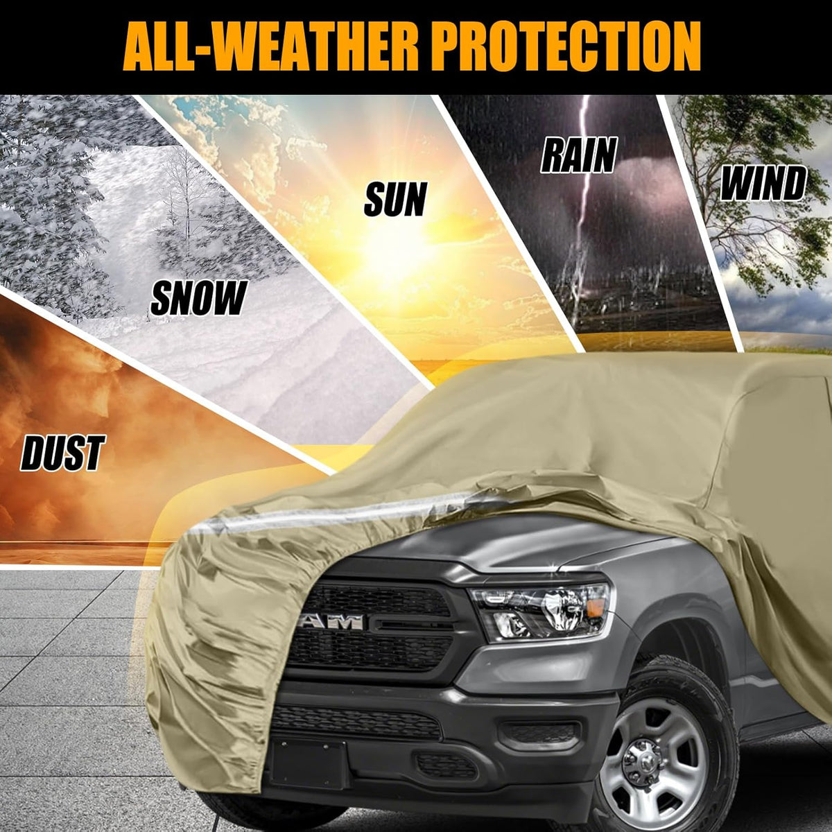 Waterproof Truck Covers Replace for Ford F150 / Dodge Ram 1500 CrewCab 5.5 ft, Multilayer Heavy Duty with Cotton Liner Car Cover with Zipper Door, Windproof Bands for Snow Rain Dust Protection