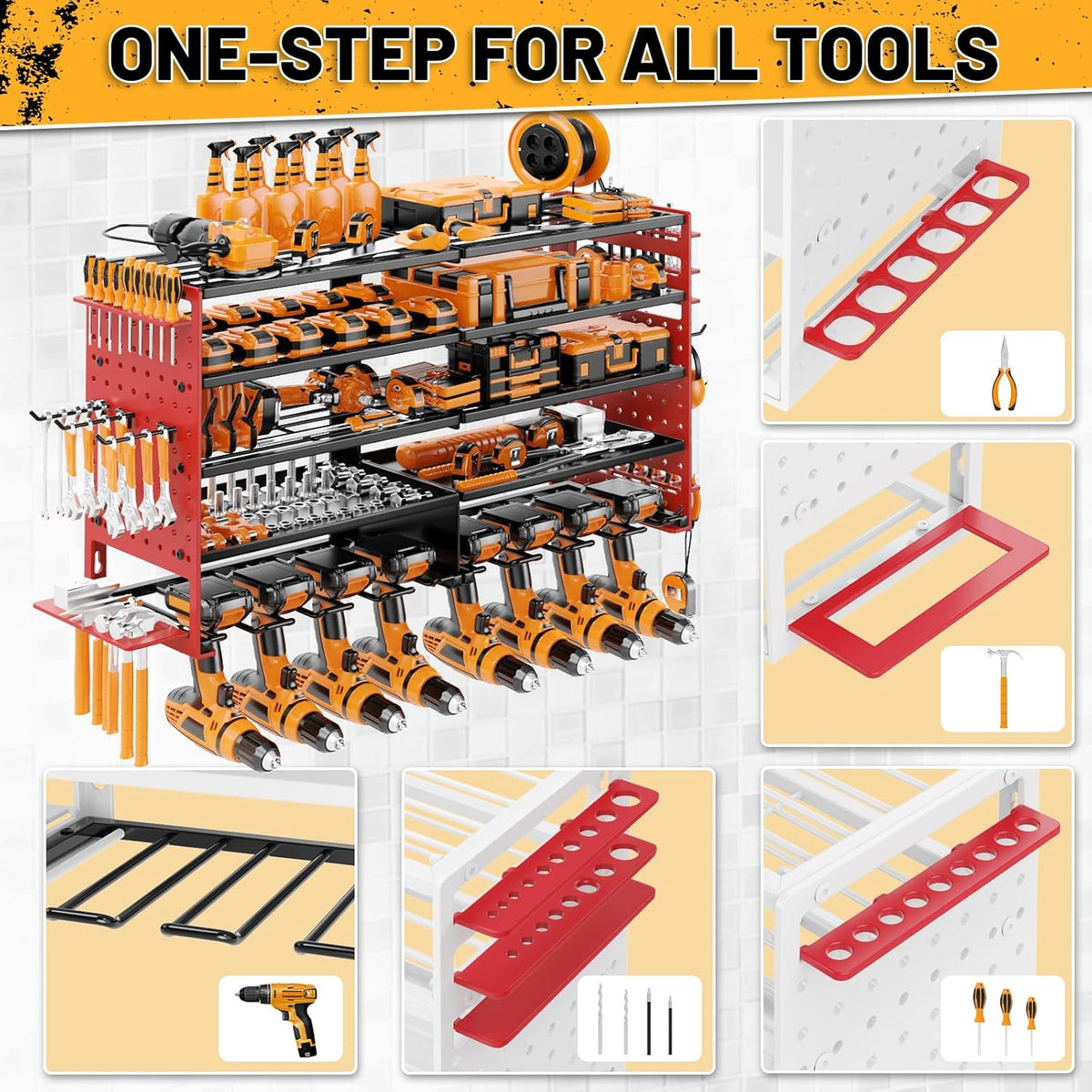 5 Layers Power Tool Organizer Wall Mount, Cordless Tool Storage Rack Holder with 8 Drill Holders, Heavy Duty Garage Wall Tool Shelf for Workshop Tool Room Men Husband Father Gift (Black-Red)