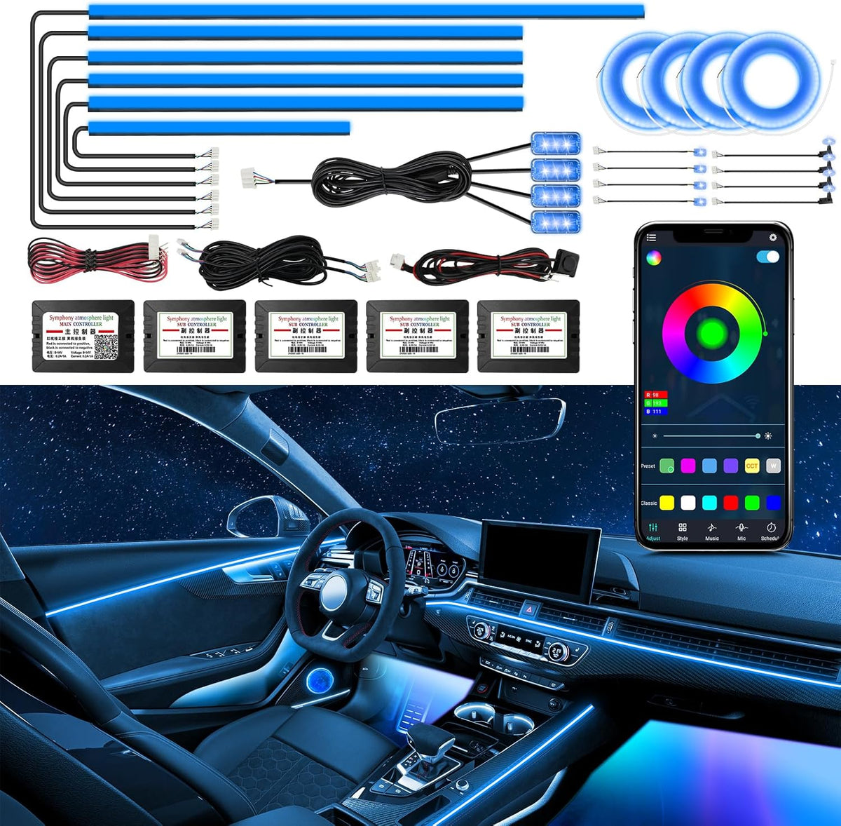 WEBUPAR RGBW Acrylic Car Interior Led Kit, Car Accessories 22 in 1 Car Ambient Lighting Kits with APP Control and 213 Color Modes, Multicolor RGBW Neon Car LED Strip Lights with Music Mode