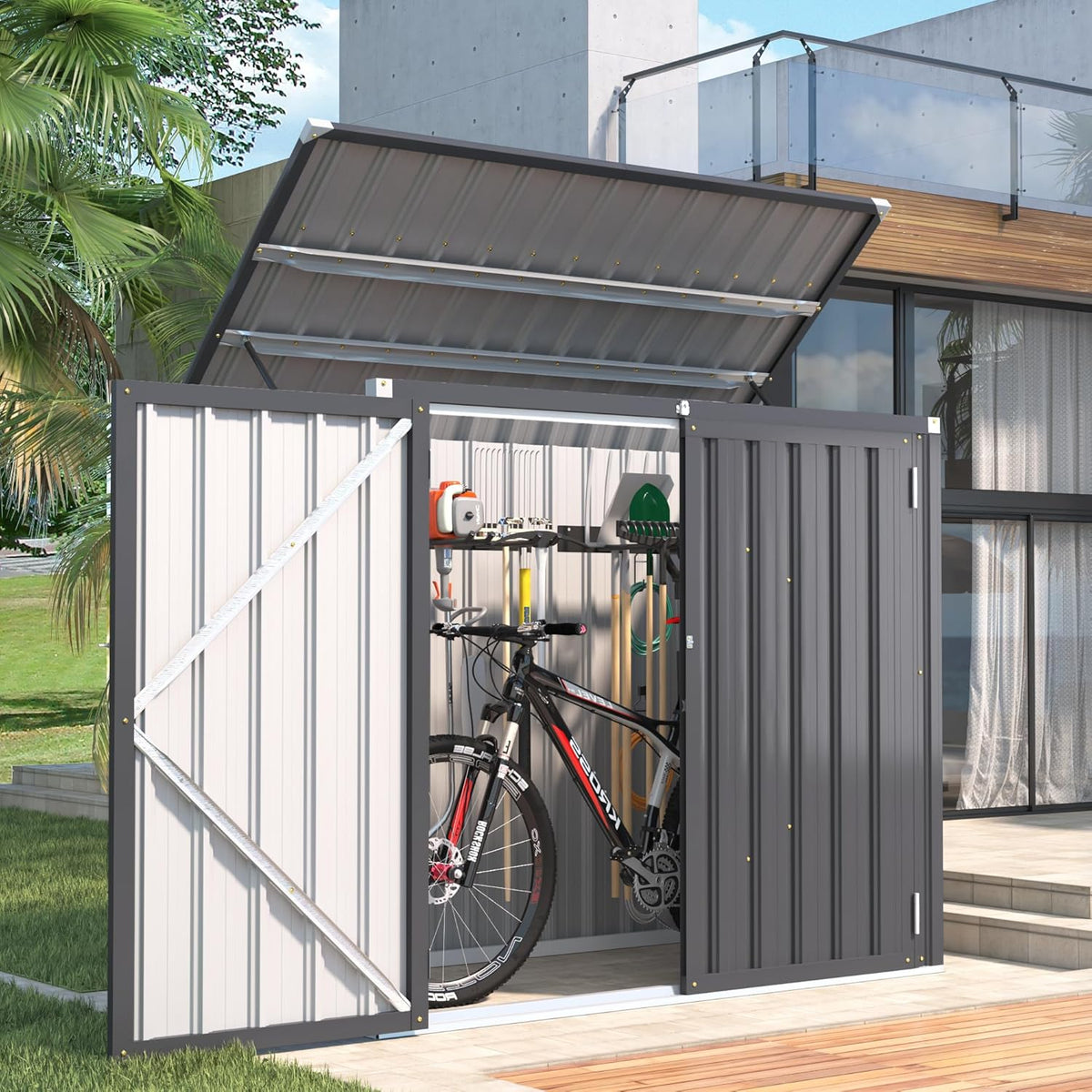AECOJOY Outdoor Trash Can Storage Shed, 46 Cu.Ft Outside Garbage Can Storage Shed, Dark Grey Outdoor Horizontal Storage Cabinet Waterproof, Bike Sheds & Outdoor Storage Clearance