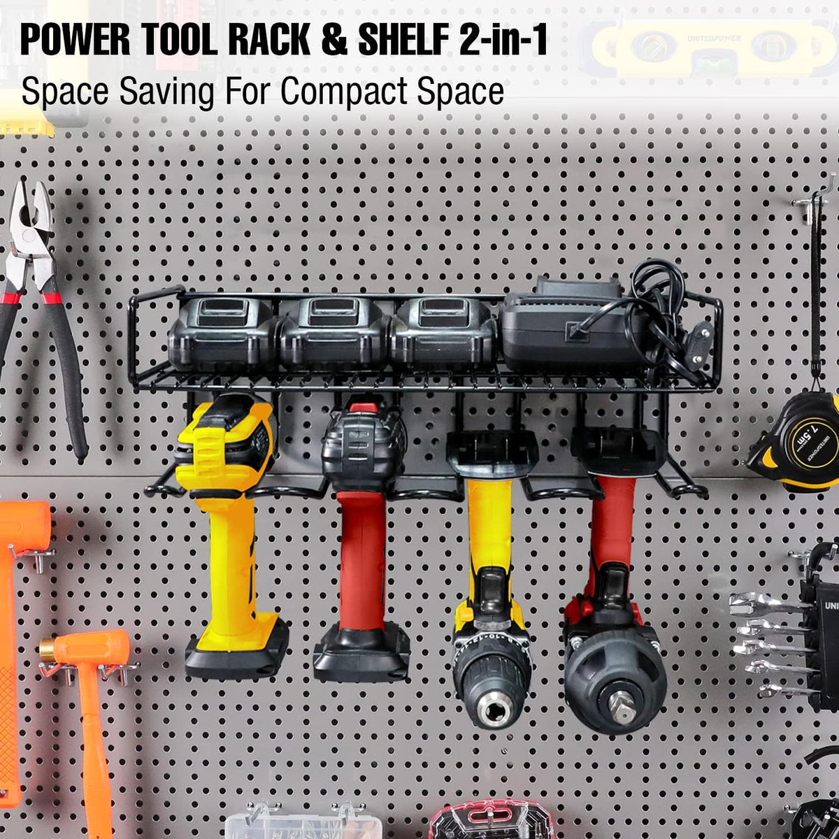 UNITEDPOWER Wall Mounted Power Tool Organizer Holder, Heavy Duty Utility Storage Rack With Shelf for Battery Powered Hand Tools, Workshop, Shed, Garage, Home