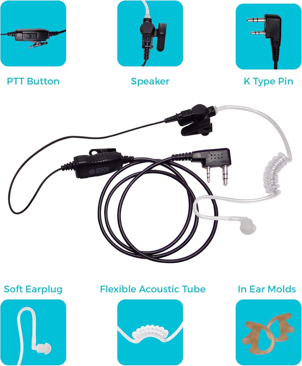 BTECH QHM07 Platinum Series Noise-Cancelling Earpiece with in-line PTT & Microphone for K1 Radios Like BaoFeng, Kenwood Radios (Includes Earmolds and Earbud, 1 Pack)