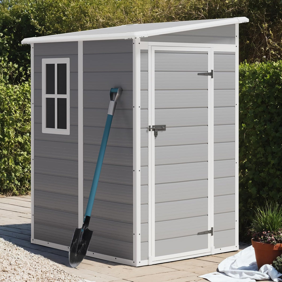 Greesum 5' x 4' Resin Weather Resistant Outdoor Storage Shed with Floor for Garden,Backyard,Pool Tool, Light Grey