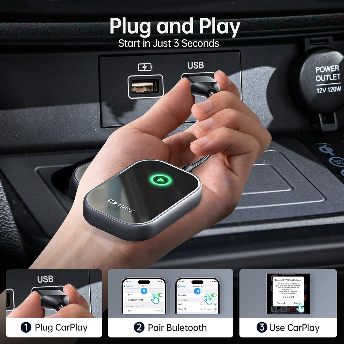 Wireless CarPlay Adapter, Converts Wired to Wireless CarPlay Dongle for Apple iPhone, Plug & Play Auto Connect Zero Latency fits for Cars from 2015 & iOS 10+ Black