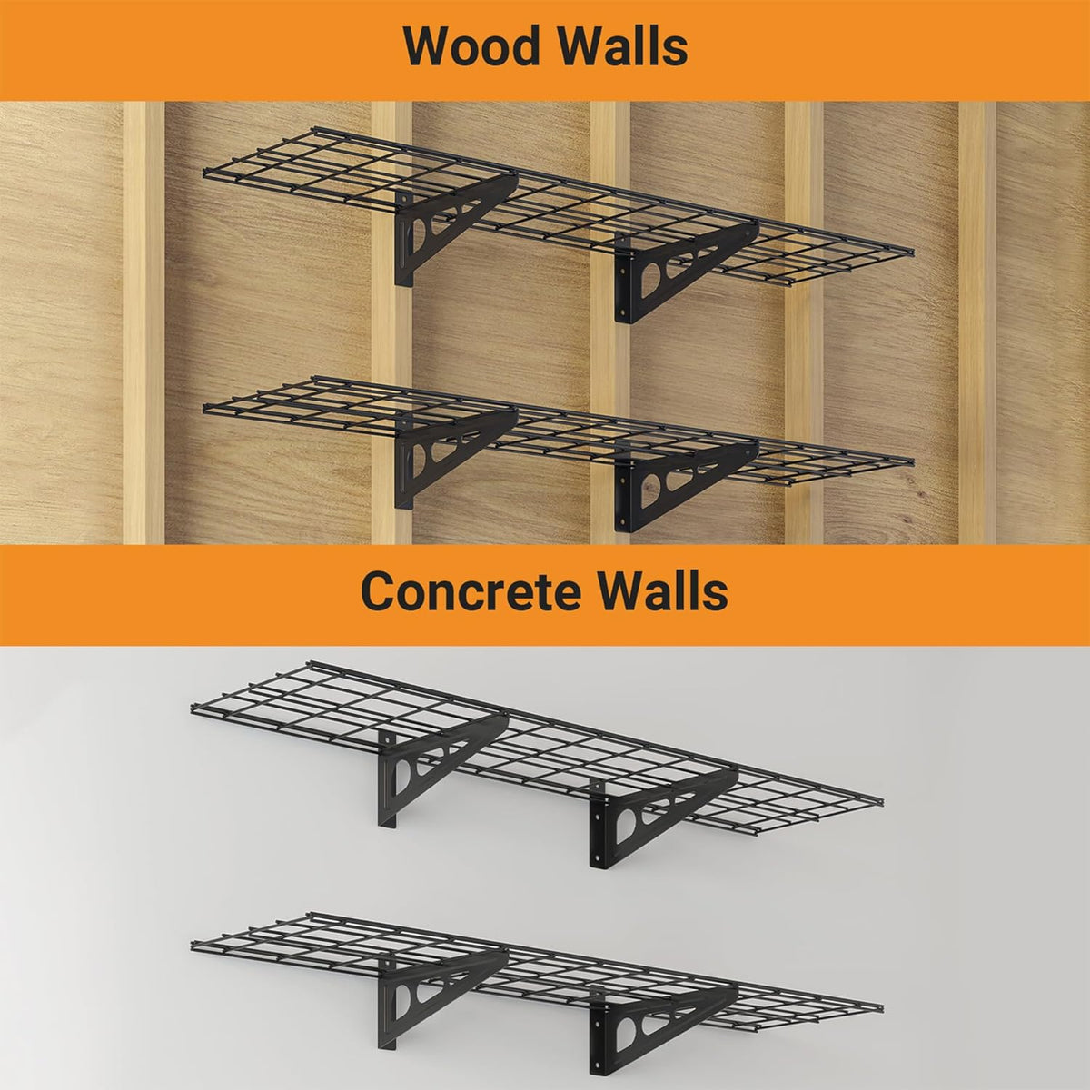 1x4 ft Garage Shelving, 2-Pack Wall-Mounted Shelves for Garage, Kitchen, Pantry Storage, 300 lbs Total Load Capacity Wall Shelving, Black