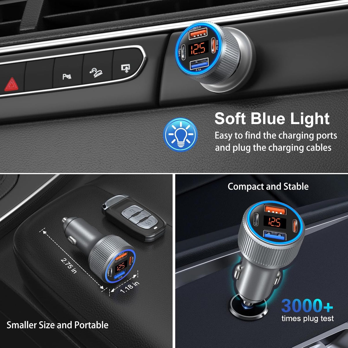 Car Charger USB C, 65W Multi Port Dual 12V Cigarette Lighter USB Car Charger Adapter with Voltage Display PD/QC 3.0 Super Fast Charge Car Phone Charger for iPhone 16 15 14 13 12 Pro Max Plus(Gray)