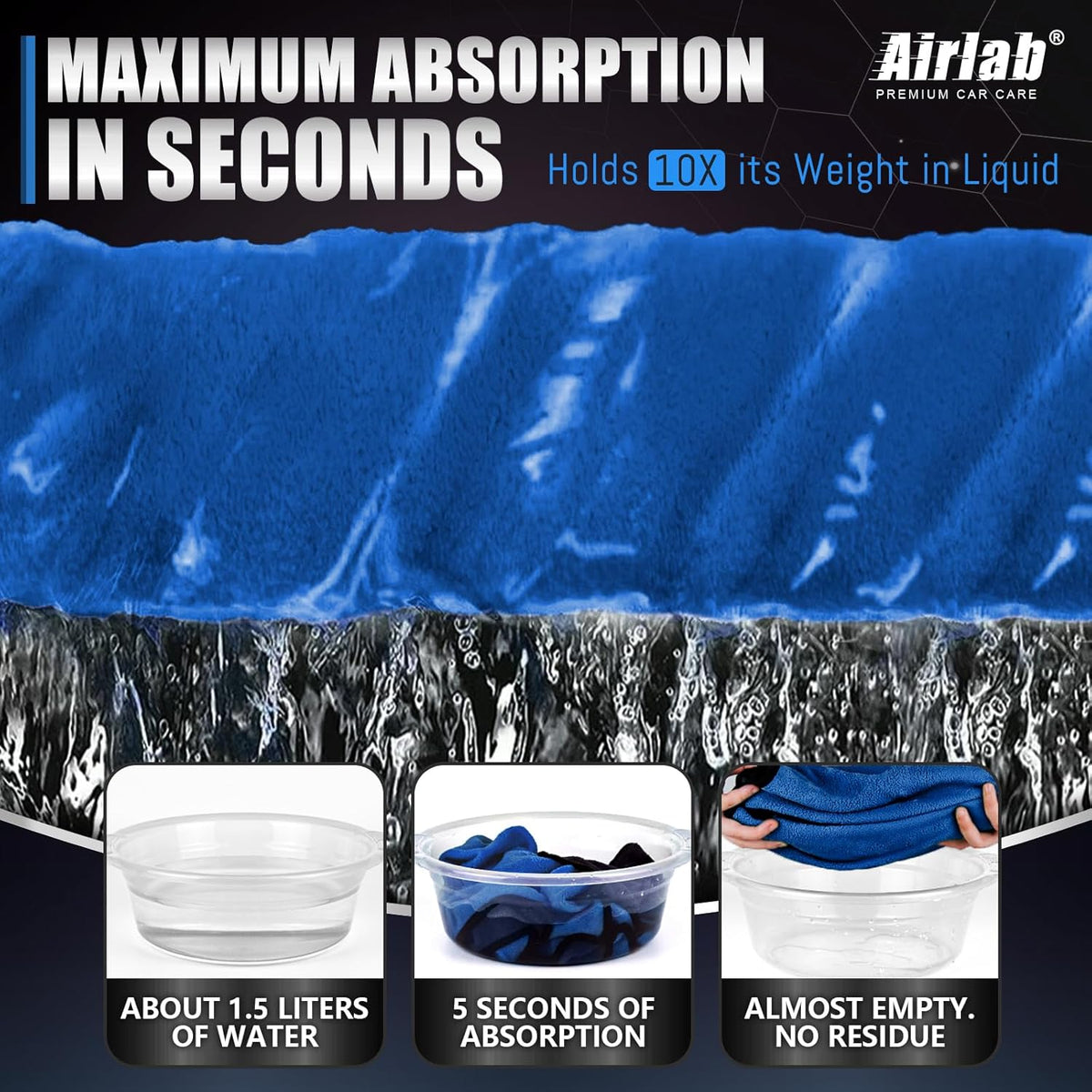 Airlab Microfiber Towels for Cars Wash Drying Thick Plush Cleaning Cloth Auto Detailing Super Absorbent for Interior & Exterior Lint Free, Streak Free, 35 x 24 Inch, 500 GSM, Pack of 1