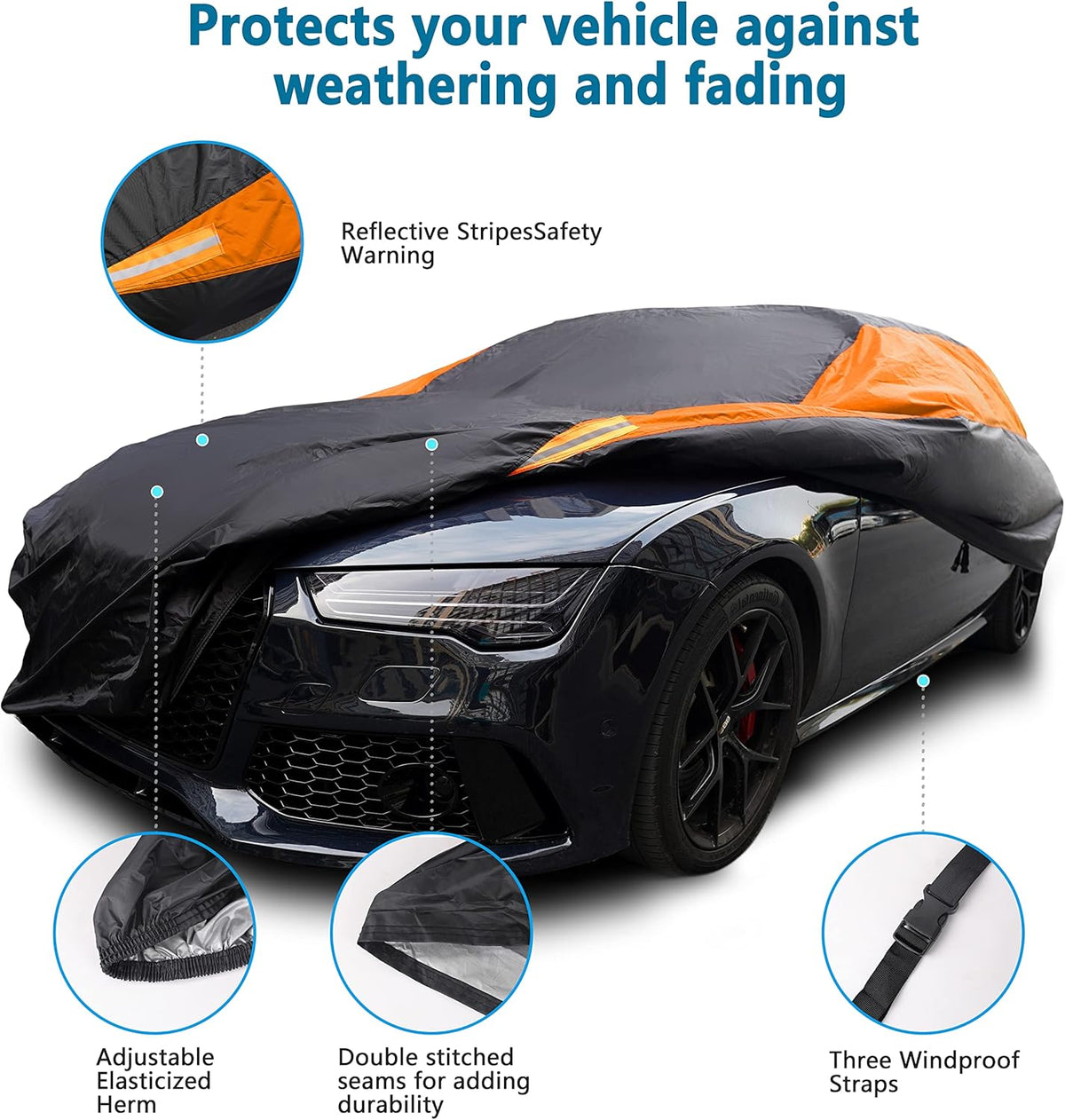 MORNYRAY Waterproof Car Cover All Weather Snowproof UV Protection Windproof Outdoor Full car Cover, Universal Fit for Sedan (Orange, A1-Fit Sedan Length(154-163 inch)