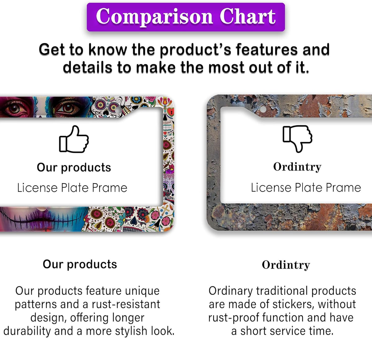 License Plate Frames for Women Multicolor Plate Cover for Men Sugar Skull Universal Aluminum Car Accessory 2 Pack with Screw Covers Set