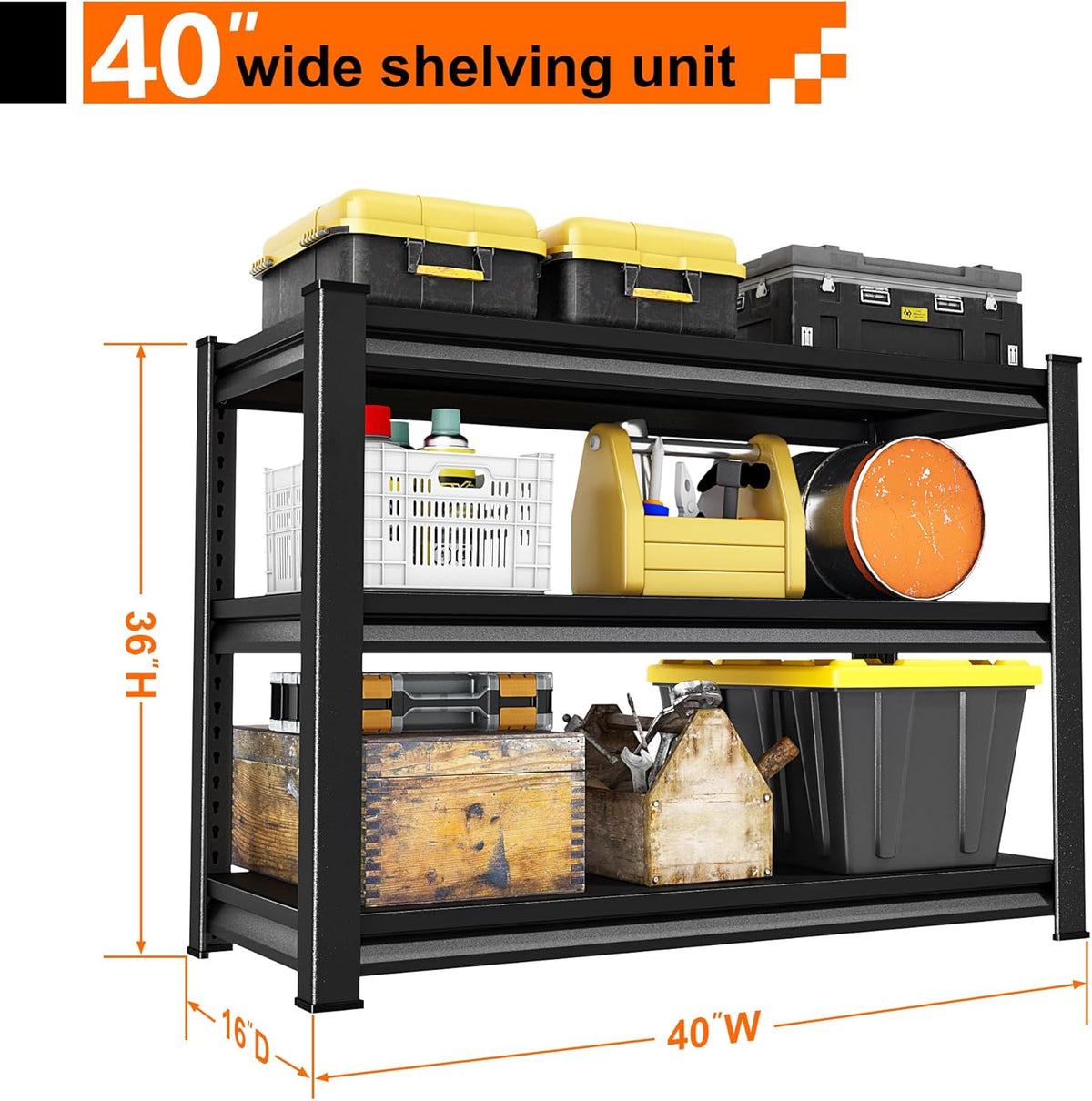 Garage Storage Shelves Heavy Duty, 40”W Shelving Units and Storage Rack, 1500LBS Loads Shelving Units, Adjustable 3-Tier Metal Shelves for Industrial Storage, 40”W×16”D×36”H,Black