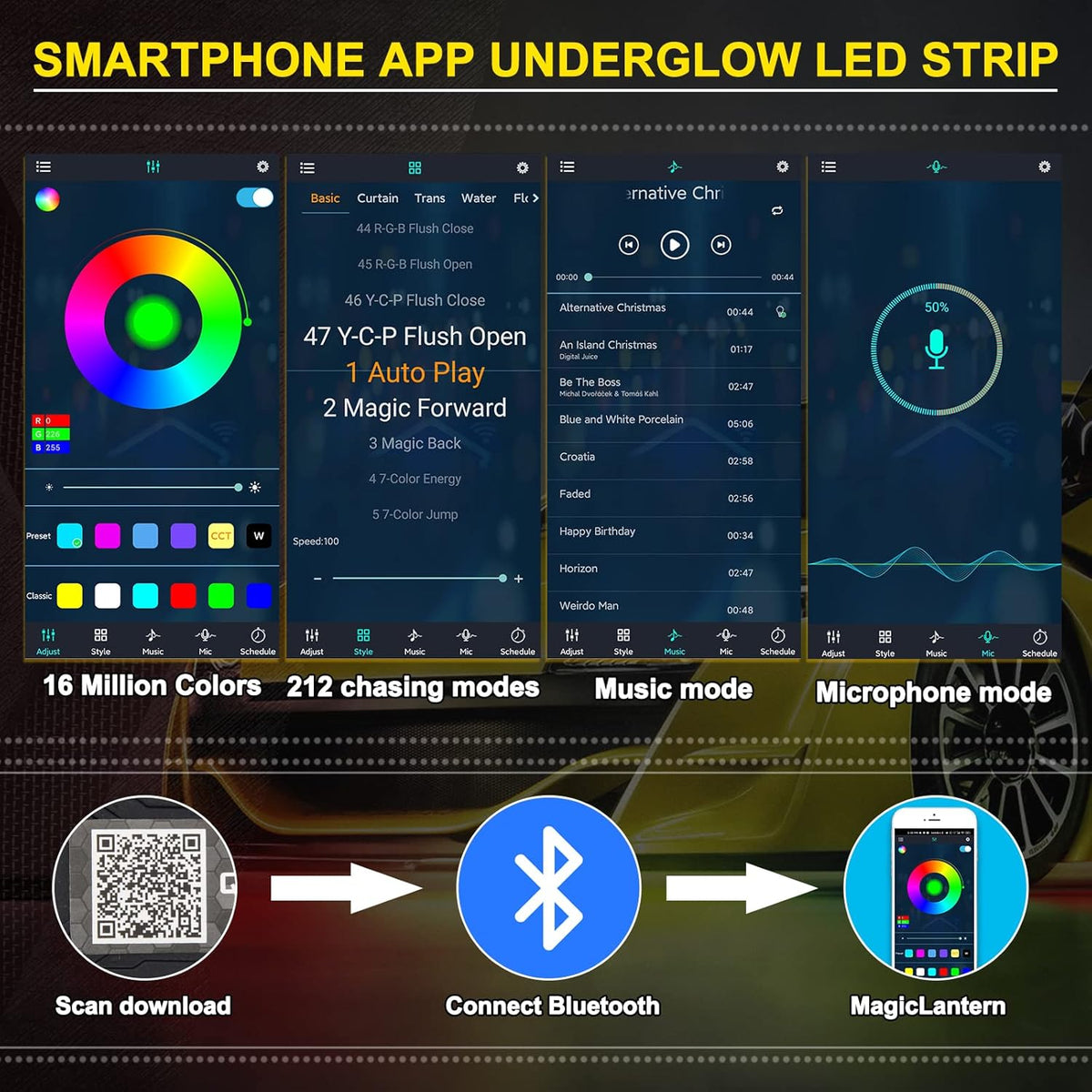 OPP ULITE Car Underglow Light Strip Dream Chasing Color, Upgraded Silicone Material, 212 Modes, 360pcs Led, APP Control Underbody Lights, 90x120x90, 6PC Pack