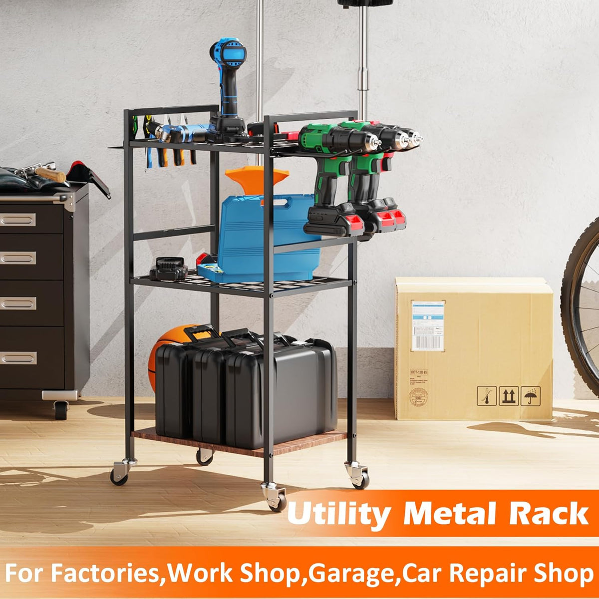 MUTUACTOR Heavy Duty Garage Tools Organizer Cart,3-Tier Rolling Utility Tool Chest with Electric Impacts Rack,Large Load-Bearing Shelf Storage Metal Rack Tool Cart with Wheel for Organizer and Storage