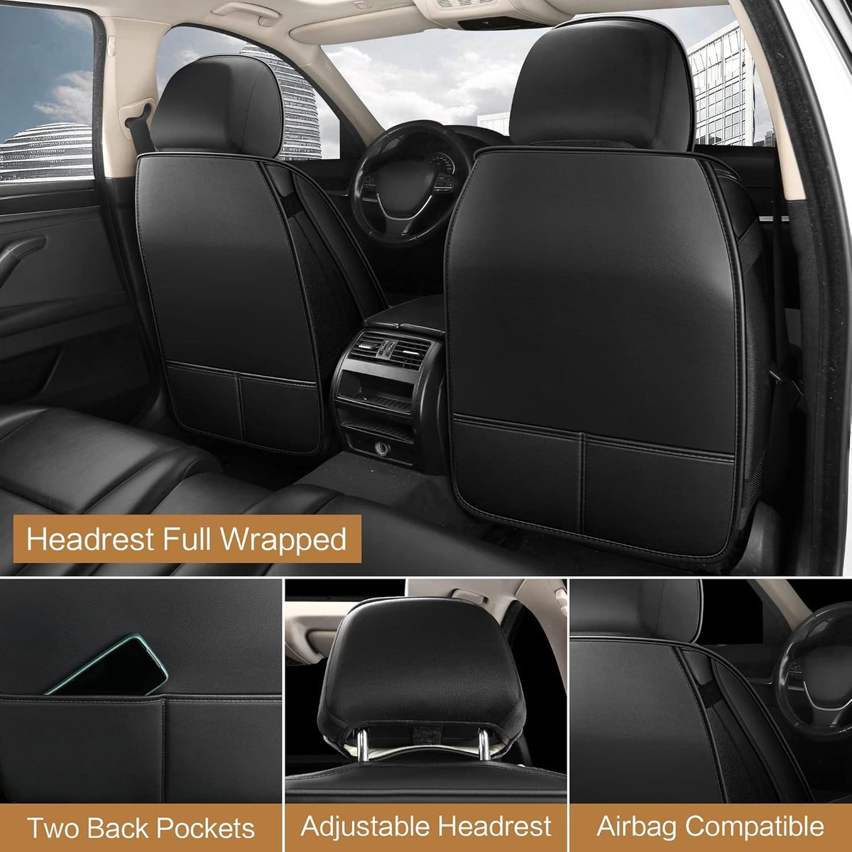 Pariitadin Leather Car Seat Covers Front Pair, Waterproof Faux Leather Seat Covers for Cars, Non-Slip Car Interior Covers Universal Fit for Most Cars Sedans Trucks SUVs, Black