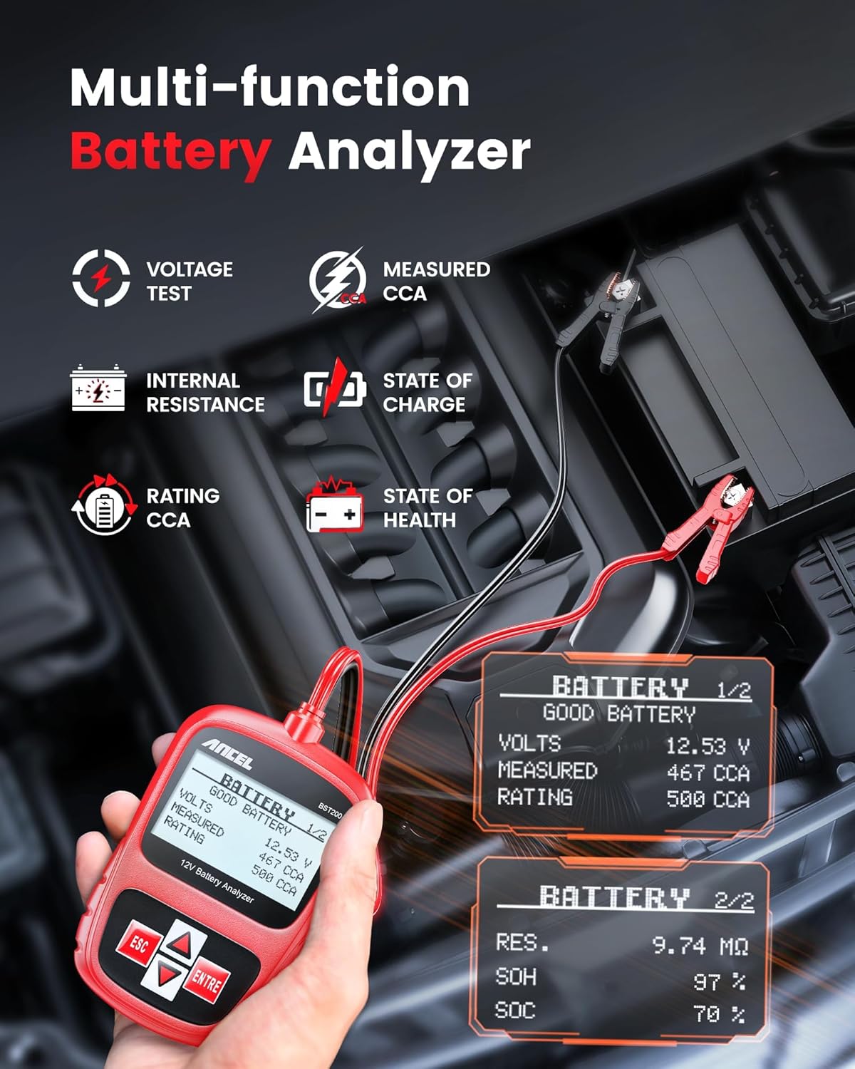ANCEL BST200 Car Battery Tester 12V Automotive, 100-1100 CCA Battery Load Tester Tool, Auto Battery Analyzer Digital Tester for Car Truck Motorcycle SUV Boat and More