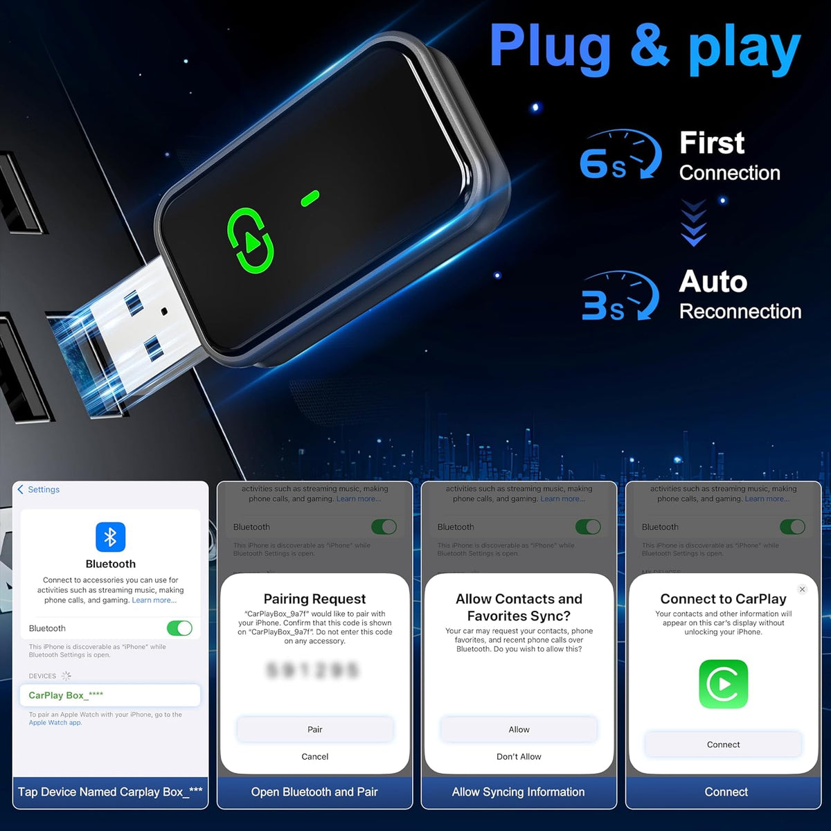 Wireless CarPlay Adapter 2025 Mini Size Multi-User Dongle Seamless Car Bluetooth Carplay Adapter for iPhone and Vehicle USB & Type-C Plug and Play Car Play Wire to Wireless No Delay Auto Connect